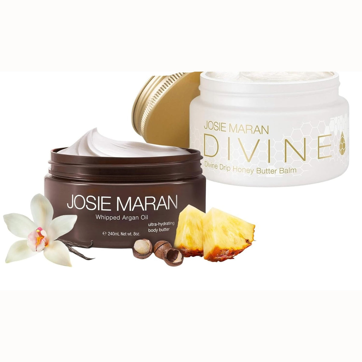 Josie Maran Whipped Argan Oil Body Butter & Divine Drip Honey Butter Balm Duo - 2-Piece Body Butter Gift Set with Skin Firming Creams in Blissful Beach, Golden Vanilla & Honey Fig (2 Piece Set)