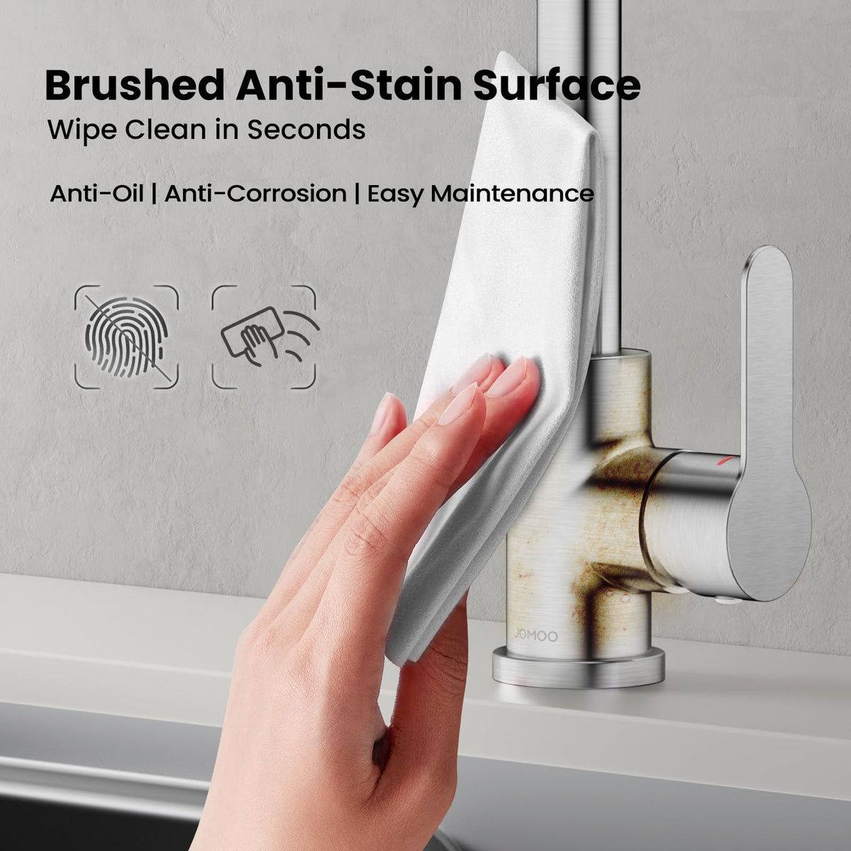 JOMOO Kitchen Faucet, 304 Stainless Steel High Arc 360° Swivel Spout, Single Handle Hot & Cold Mixer Tap, Easy-Clean Brushed Finish, Ceramic Disc Valve, 2 Stainless Steel Braided Hoses