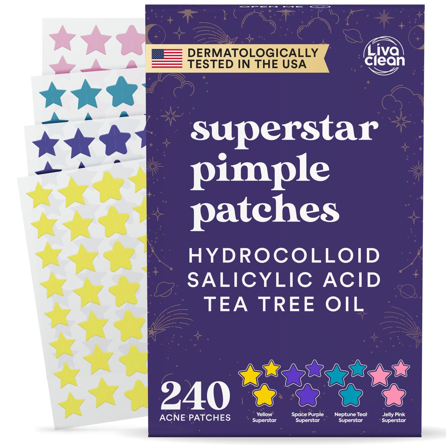 Livaclean Star Pimple Patches for Face w/ Hydrocolloid, Tea Tree oil & Salicylic Acid - Zit Stickers, Hydrocolloid Acne Patches for Face - Cute Pimple Patch, Acne Stickers - Medaid International