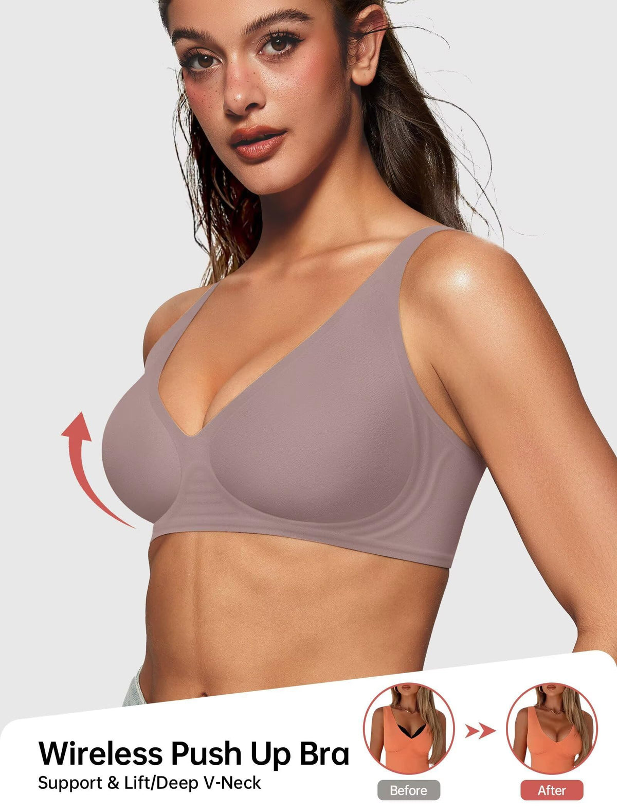 TERRIFI Women‘s Wireless Push Up Seamless Bra, V Neck Plunge Bralette, Soft Comfortable Tshirt Bra for Daily Wear (Grey Size M)