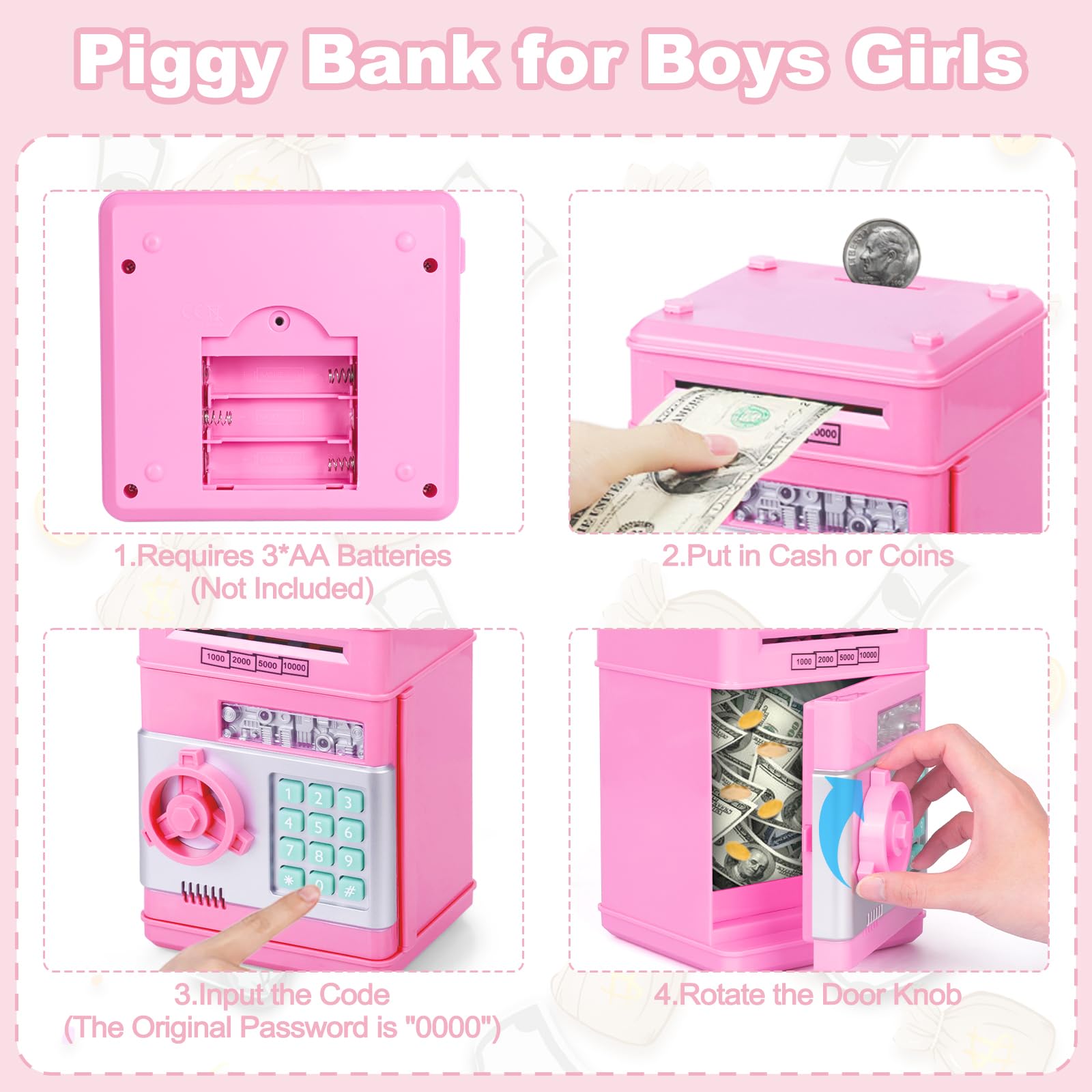 Refasy Electronic Piggy Bank Money Safe Password Money Box for Kids Ages 3+, ATM Bank Safe Coin Cash Banks Money Saving Box, Birthday for Girls 3 4 5 6 7 8 9 10 12 Years Old (Pink) - Medaid International