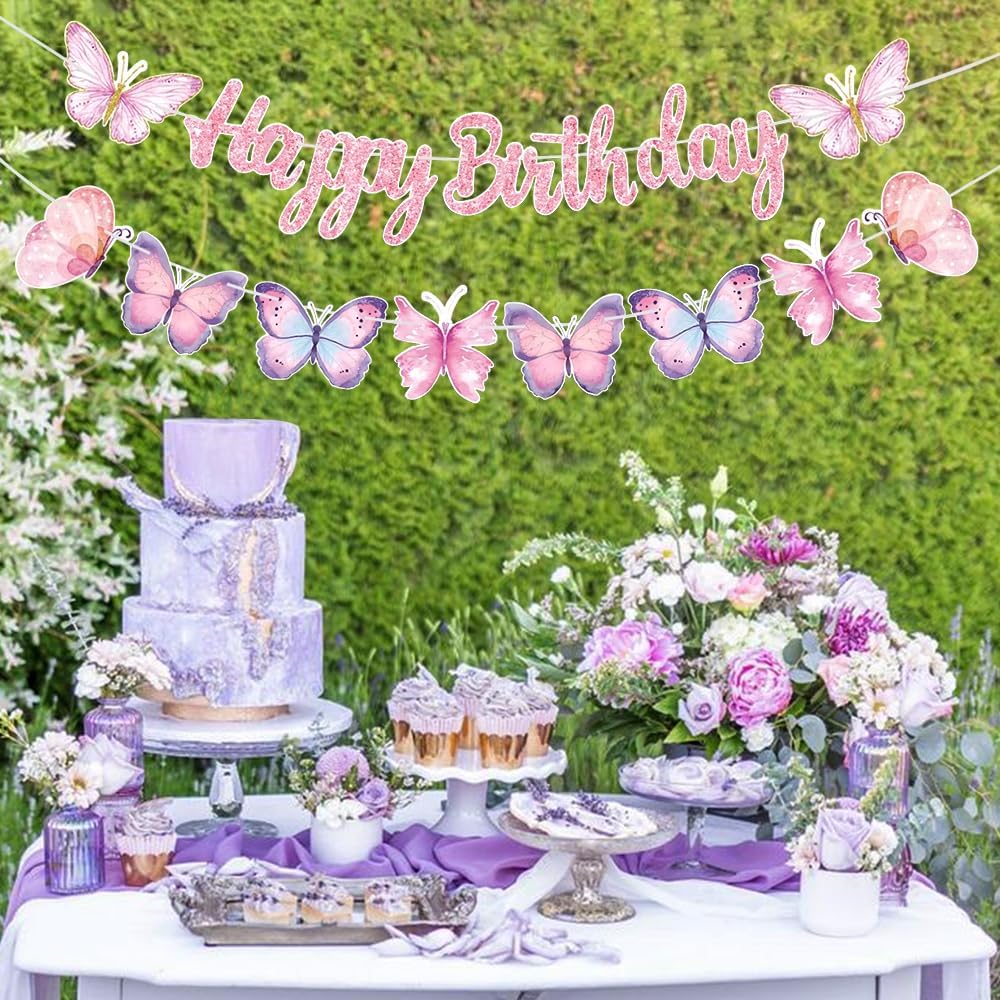 KASTWAVE Pink Butterfly Birthday Banner, 2 Pcs Birthday Party Decorations Set with Pre Strung Glitter Happy Birthday Banner, Butterfly String, Fade Resistant Butterflies Theme Party Supplies