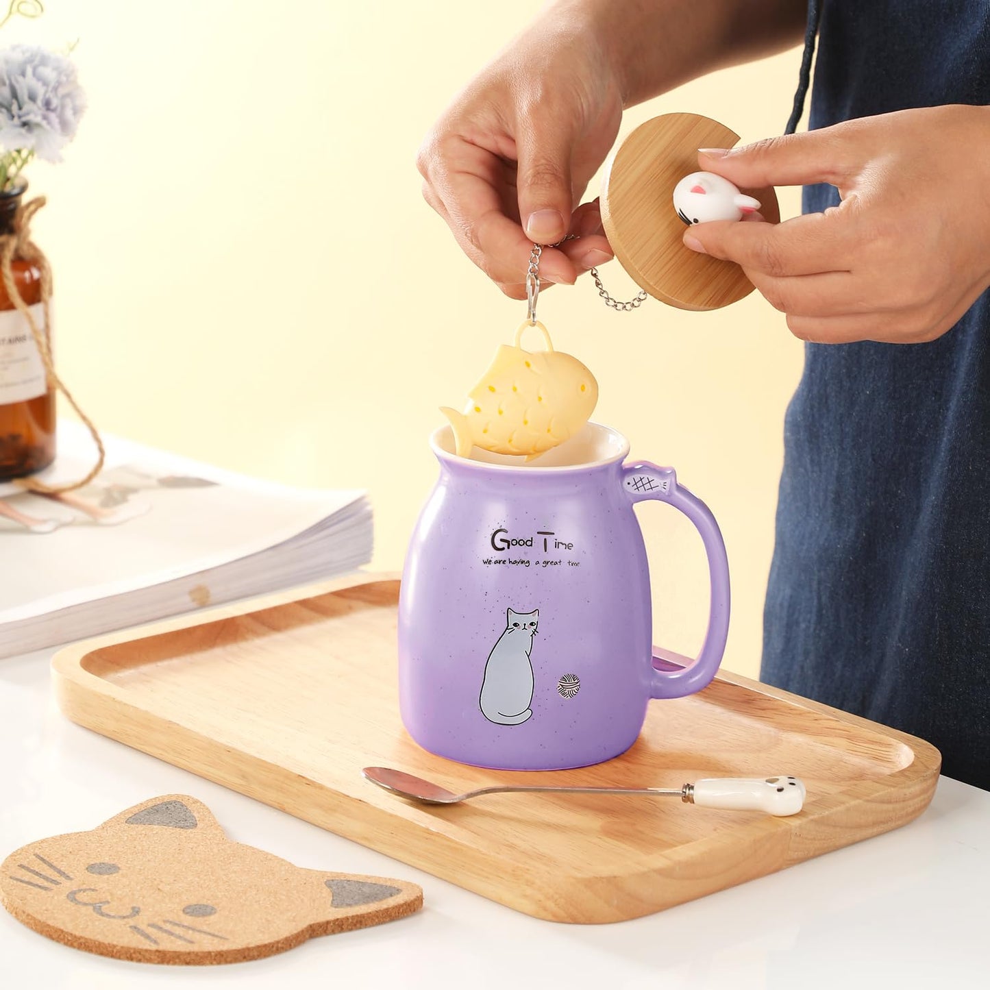 BigNoseDeer Cat Mug Kawaii Tea Cup with Infuser and Lid Purple Cat Ceramic Coffee Mug Cute Cool Preppy Stuff Birthday Gifts for Mom Gifts for Women Girlfriend Girls Cat Lover Gifts(13oz) - Medaid International