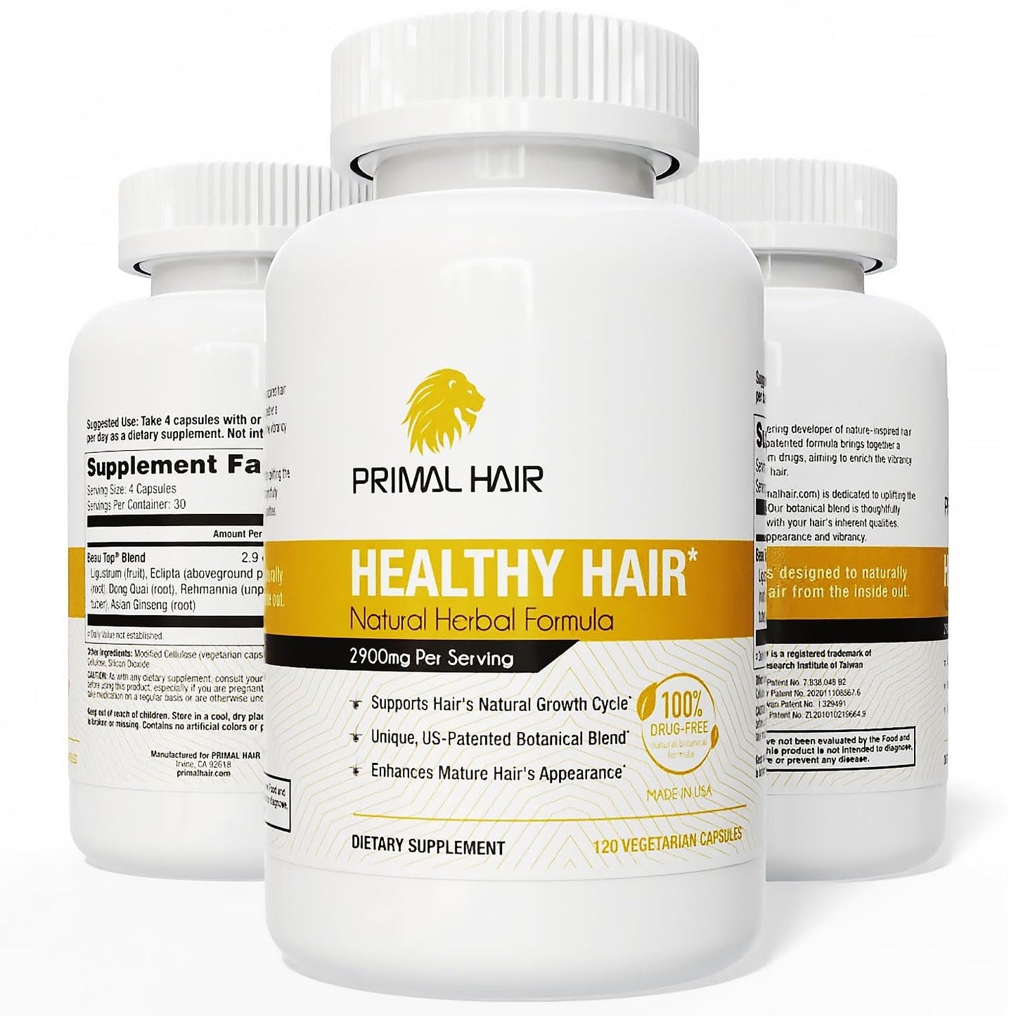 Primal Hair 3 PK- 100% Natural Growth Treatment, Reduces Hair Loss, US Patented Formula Proven Effective for Men & Women, 100% Vegan, Non-GMO, 90-Day Supply, 3 Pack - Medaid International