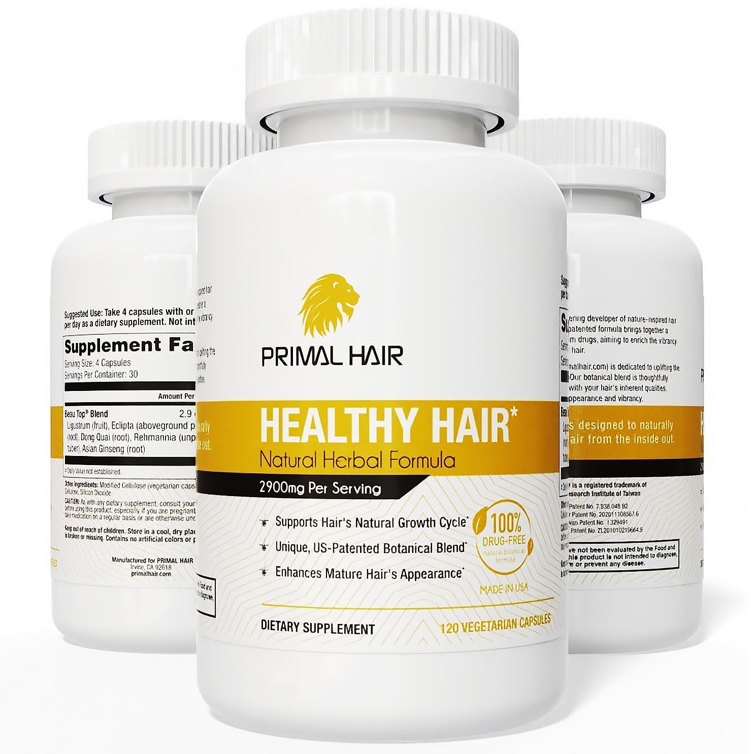Primal Hair 3 PK- 100% Natural Growth Treatment, Reduces Hair Loss, US Patented Formula Proven Effective for Men & Women, 100% Vegan, Non-GMO, 90-Day Supply, 3 Pack - Medaid International