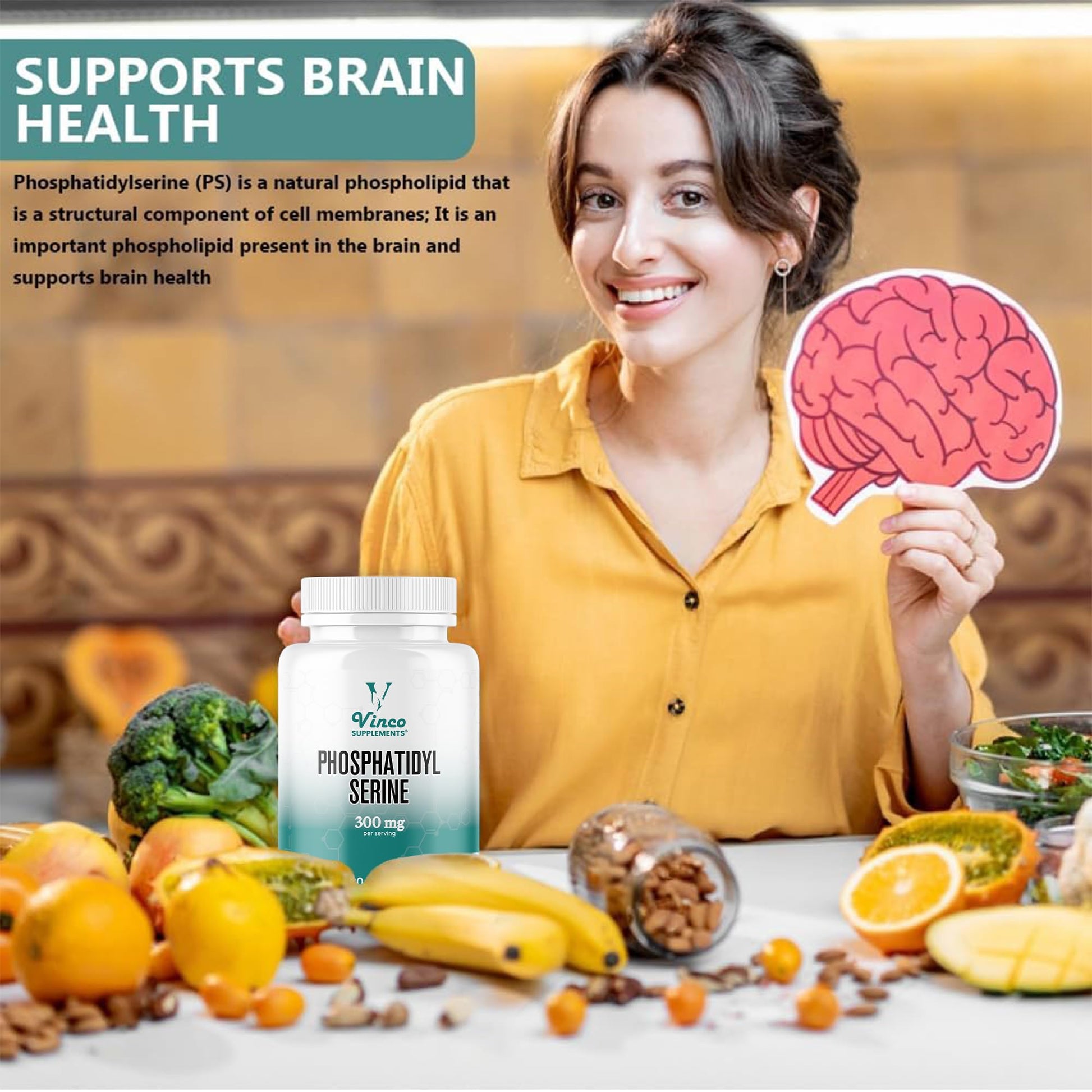 Vinco Phosphatidylserine 300mg – Memory, Focus & Brain Health Supplement - Supports Cognitive Function & Mental Clarity - Non-GMO, Gluten-Free - 120 High-Potency Capsules - Medaid International