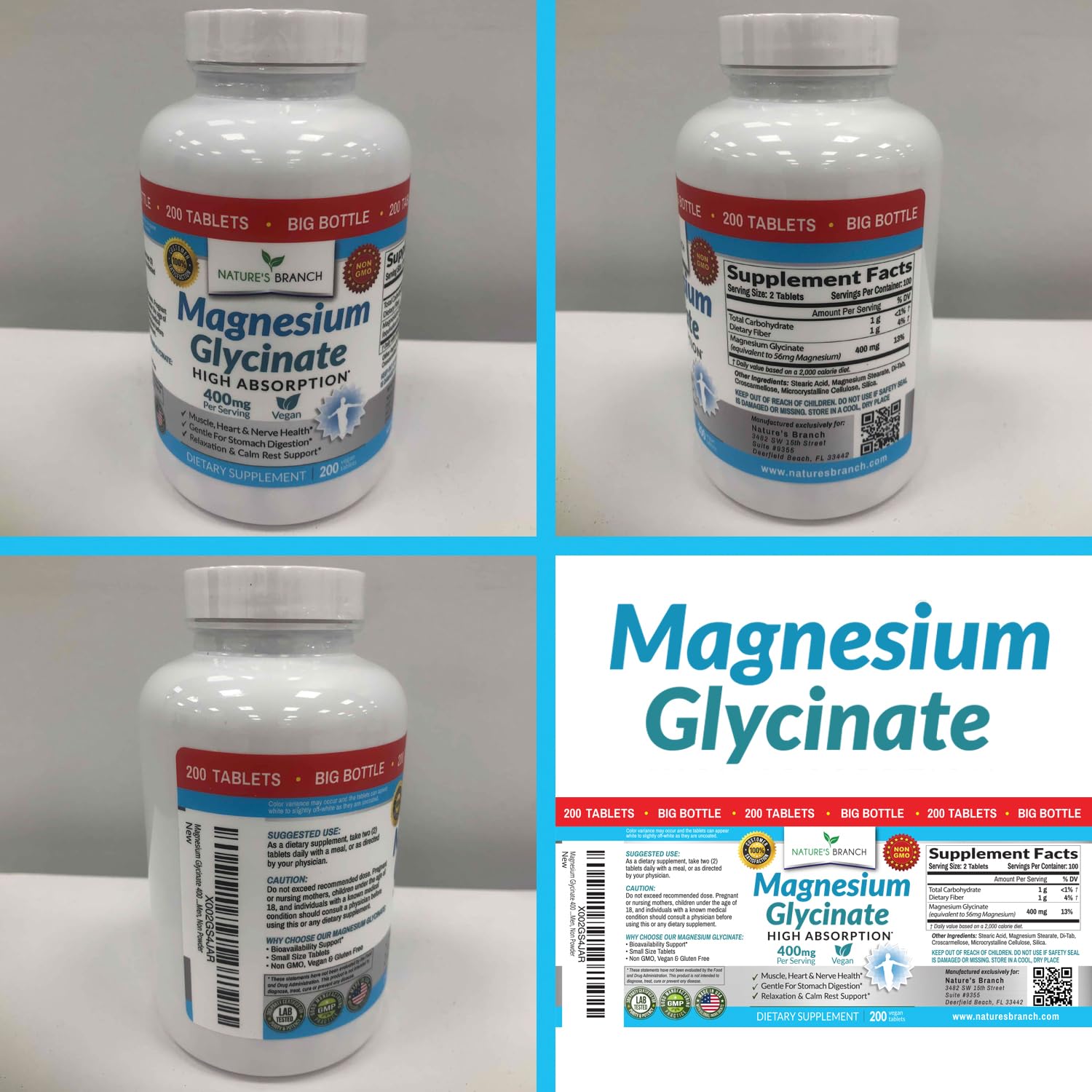 Magnesium Glycinate 400 mg - 200 Tablets - High Absorption, Non Buffered Bisglycinate Mag Supplement for Sleep, Leg Cramps, Heart, Ease Muscles, Calm Headaches for Women and Men, Non Powder Capsules - Medaid International