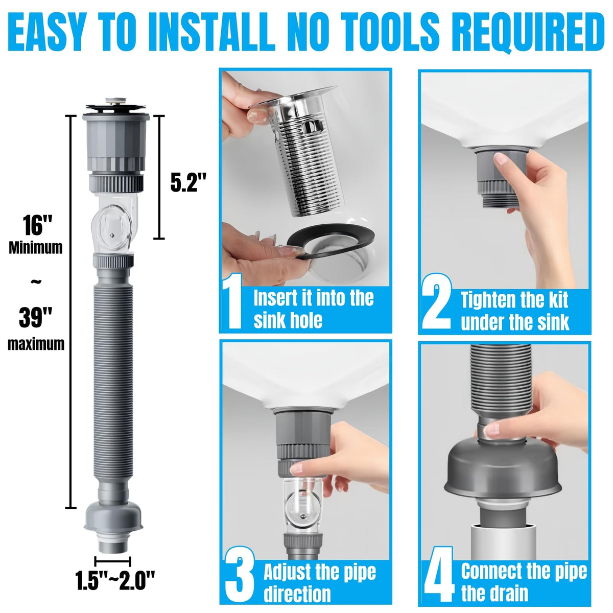 TERRIFI Bathroom Sink Drain Pipe Kit, 3 in 1 Plumbing Solution, Fits 1-1/4'' & 1-1/2'' Drain Holes, Anti-Odor and Anti-Backflow, Space-Saving Design Ideal for Bathrooms, RVs, and Kitchens