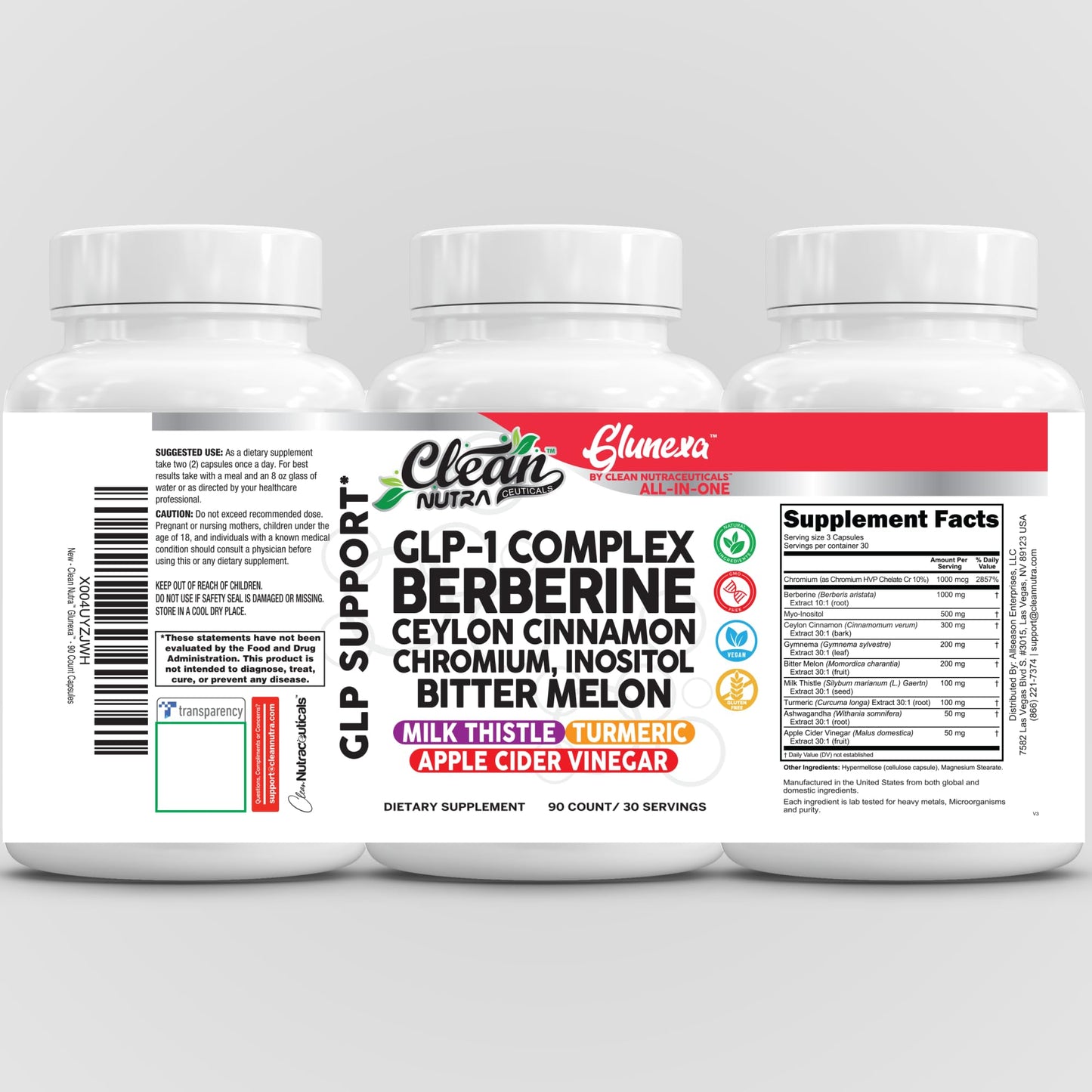 Clean Nutra Glunexa GLP-1 Complex with Berberine, Ceylon Cinnamon, Chromium, Inositol, and Bitter Melon | Premium Herbal and Mineral Blend | 90 Count Capsules - Medaid International
