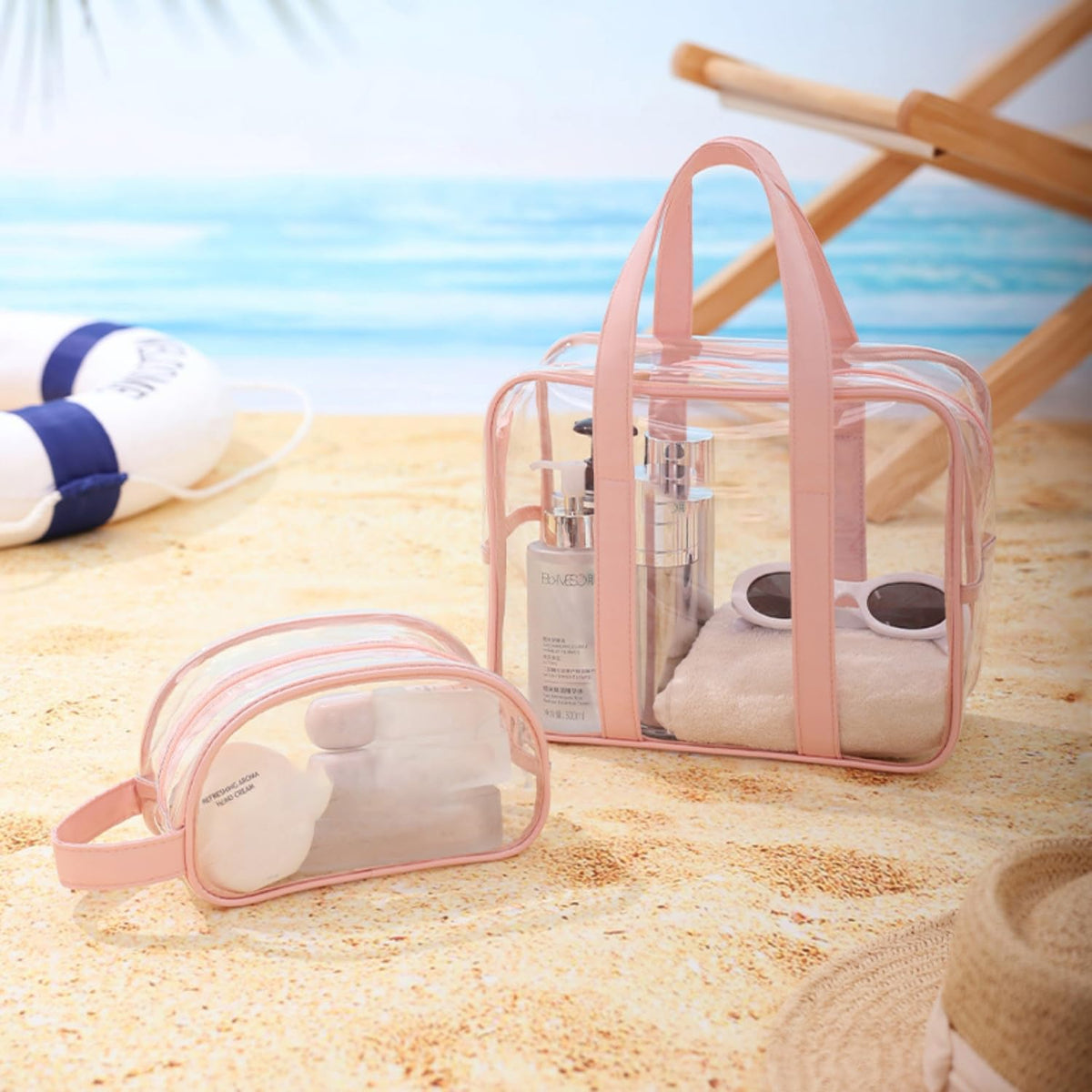 TERRIFI Large Clear Toiletry Bag for Women, Waterproof PVC Beach, Swim, and Gym Bag, Transparent Travel Makeup Cosmetic Organizer Tote, Clear Travel Accessories Bag (Pink)