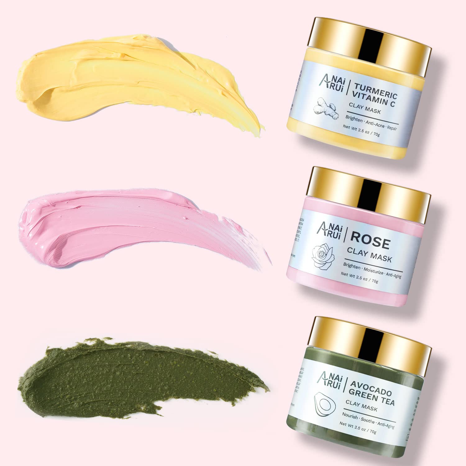 ANAI RUI 3 Pack Pore Purity Cleansing Clay Mask Set Absorbs Excess Oil,Turmeric Vitamin C Clay Mask -Rose Facial Mask -Avocado Green Tea Mud Mask,Facial Mask Skincare for Deep Cleansing 2.5 oz each - Medaid International