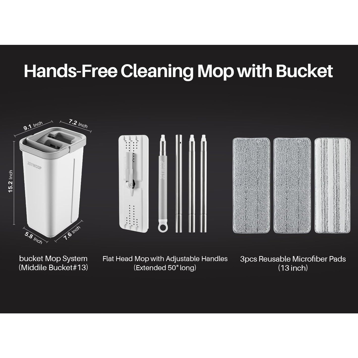 JOYMOOP Mop and Bucket with Wringer Set, Hands Free Flat Floor Mop and Bucket, with 3 Washable Microfiber Pads, Wet and Dry Use, Floor Cleaning System - Medaid International