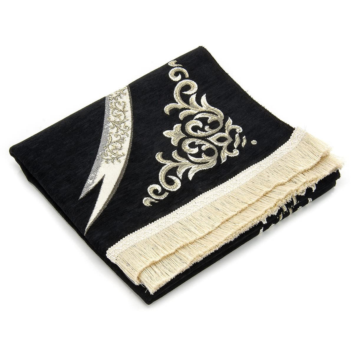 Lux Muslim Prayer Rug with Imam Ali Sword Zulfiqar Design | Janamaz | Sajadah | Soft Islamic Prayer Rug | Islamic Gifts | Prayer Carpet Mat, Chenille Fabric, Black - Medaid International