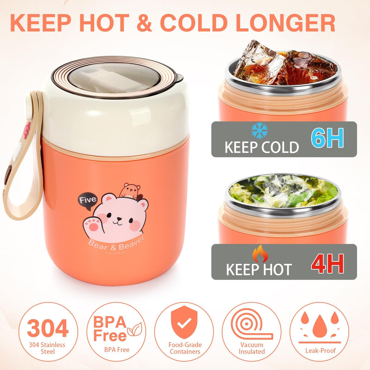TERRIFI Food Jar Lunch Box, Vacuum Insulated Food Flask, with Folding Spoon, 15.4 oz Stainless Steel Lunch Box for Kids, BPA Free Leakproof Thermal, for Kids, for School Office Picnic Travel (Withe)