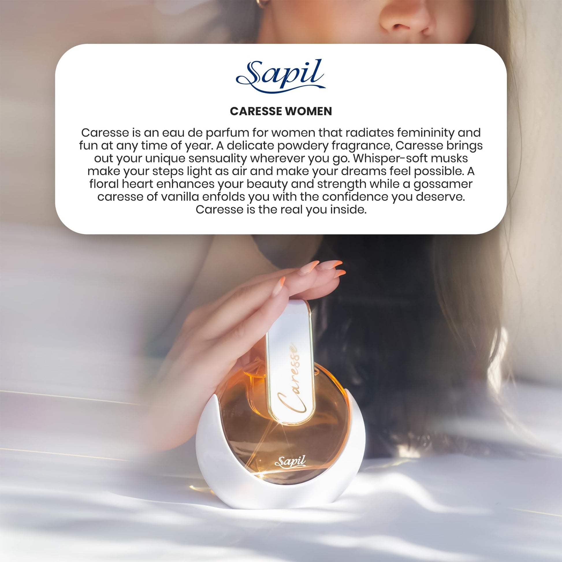 Sapil Caresse Eau de Parfum for Women - Long-Lasting Arabic Perfume from Dubai - Powdery, Musky, Floral & Vanilla Scent - Luxurious Arabic Perfume - 2.7 Oz (80ml) for Daily Wear & Special Occasions - Medaid International