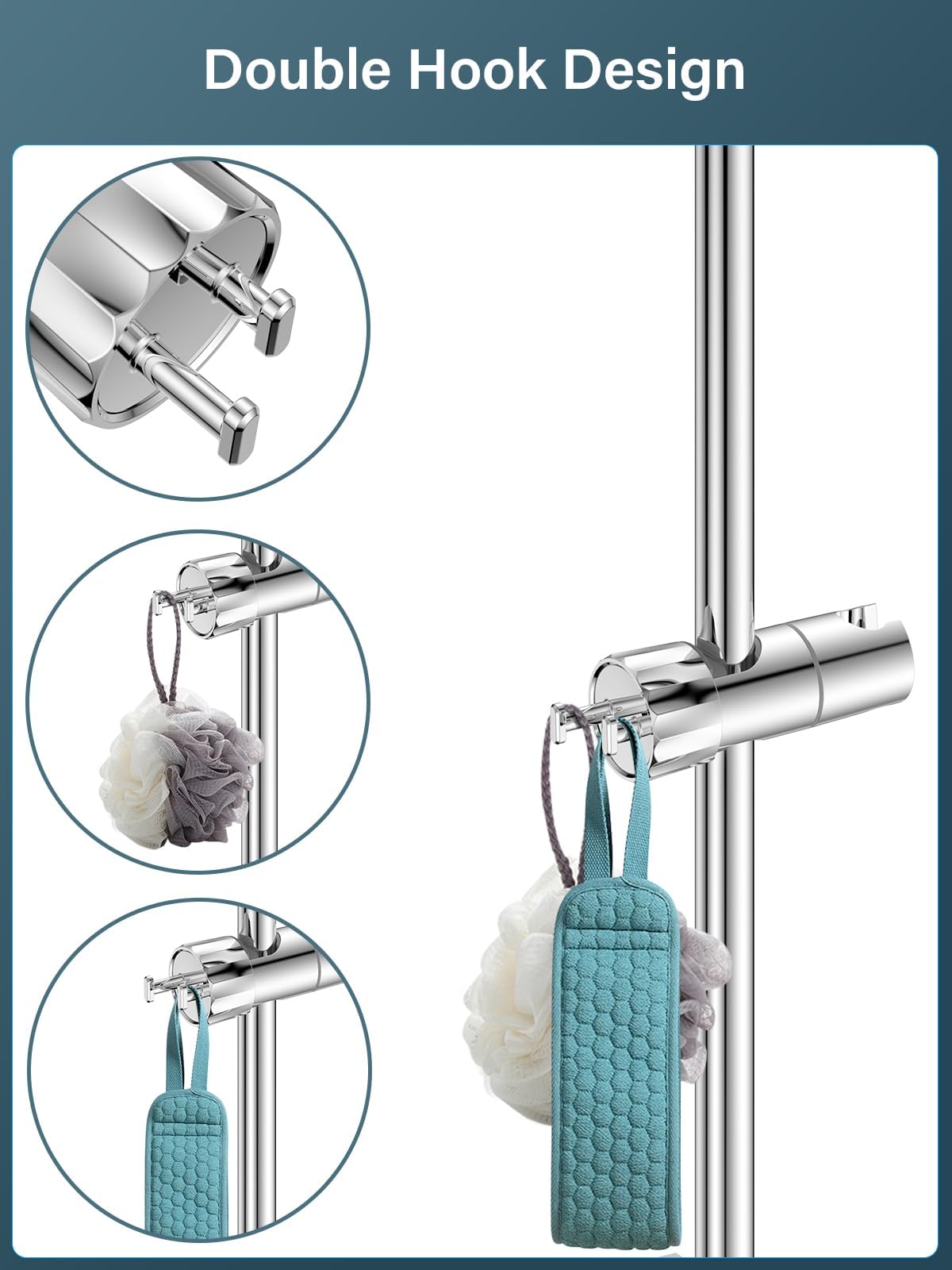 KASTWAVE Shower Head Holder with 2 Hooks, Universal Replacement Adjustable Holder Bracket for 16-28mm, Chrome-Plated+ABS Shower Design Shower Head Holders, Easy Installation for Slide Rod