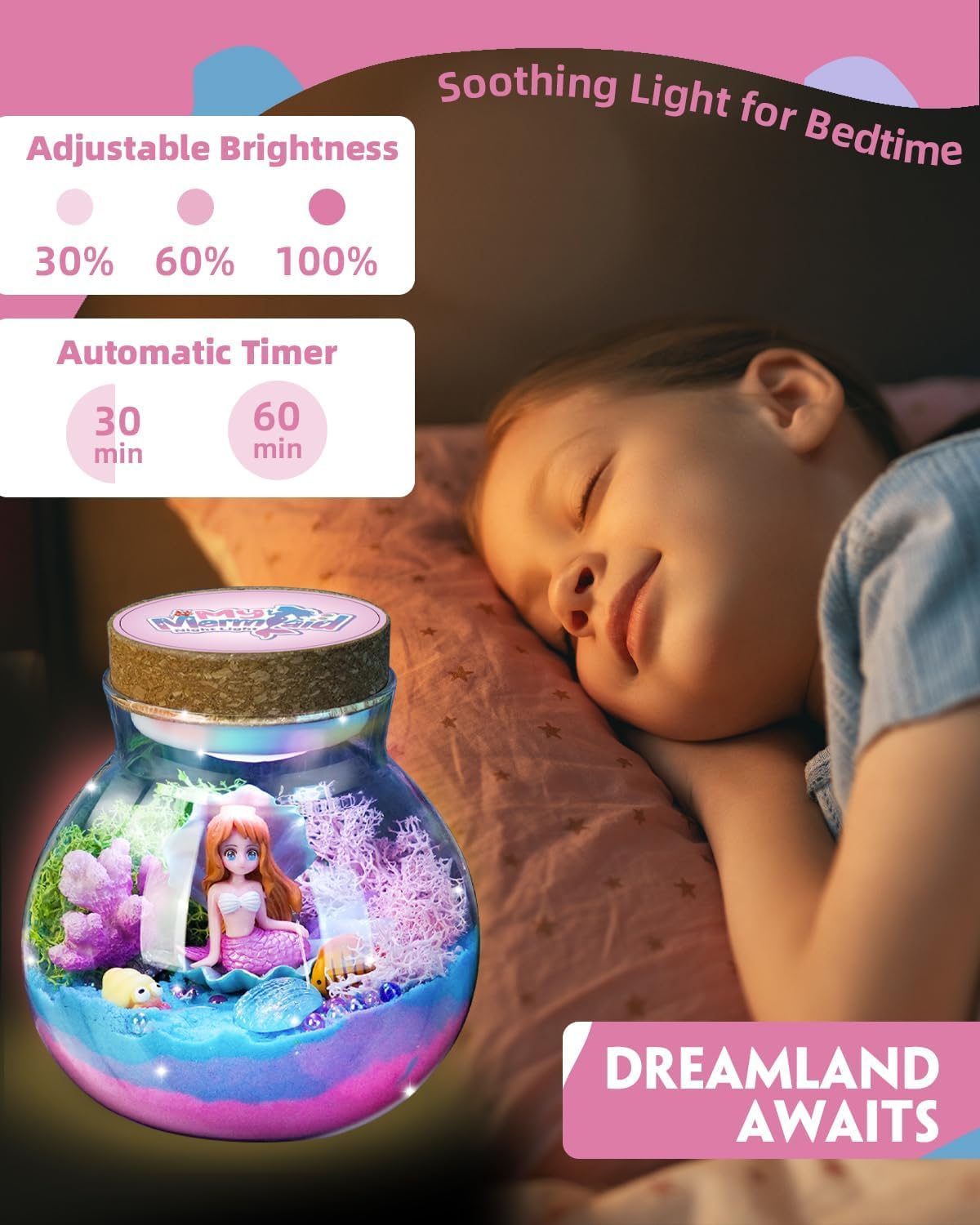 Mermaid Terrarium Kit for Kids, DIY Arts & Crafts Gift for Girls Ages 4 5 6 7 8-12 Year Old, LED Night Light with Remote, Best Birthday Easter Unicorn Toys Gifts for Girls Kid