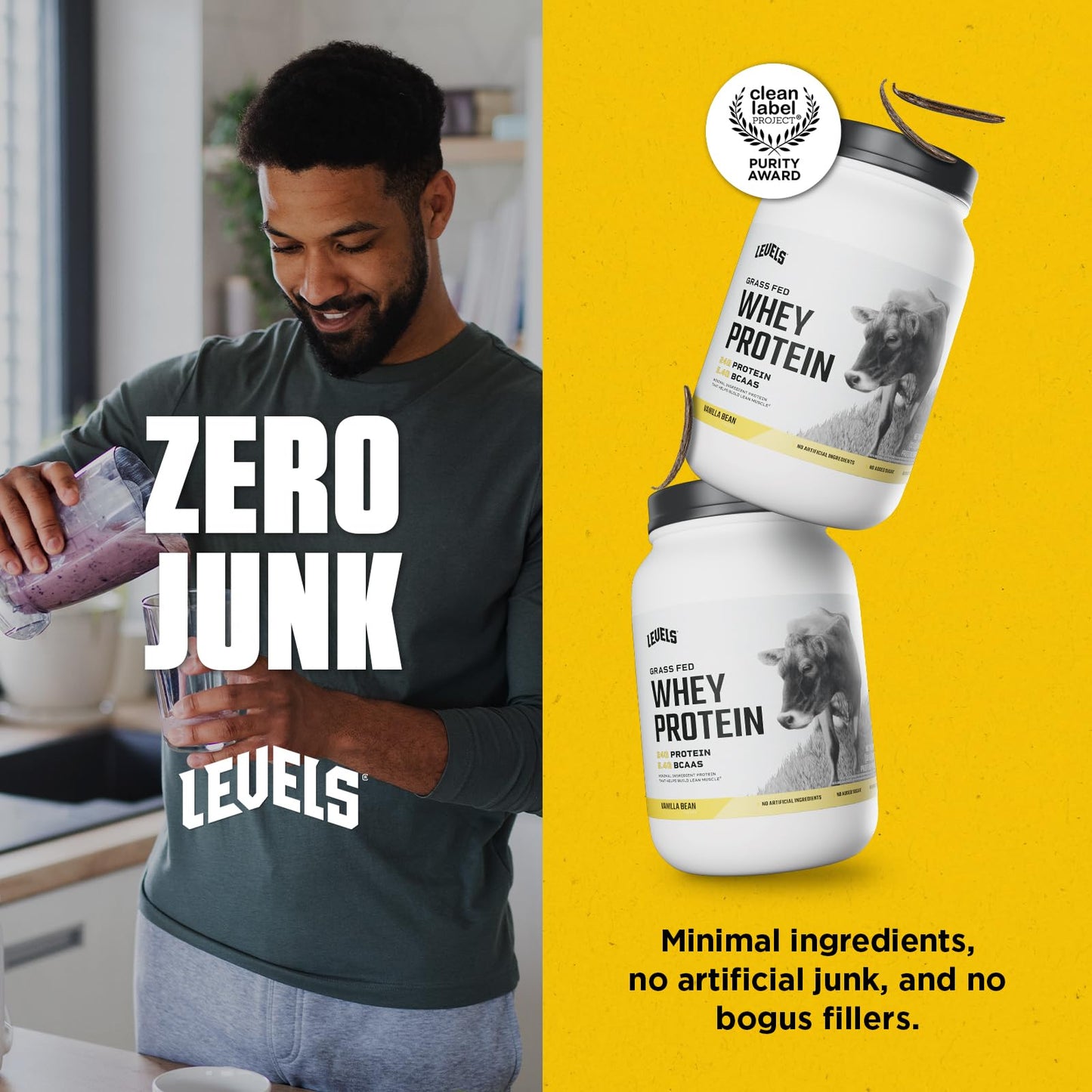 Levels Grass Fed Whey Protein Powder, No Artificials, 24G of Protein, Vanilla Bean, 2LB - Medaid International