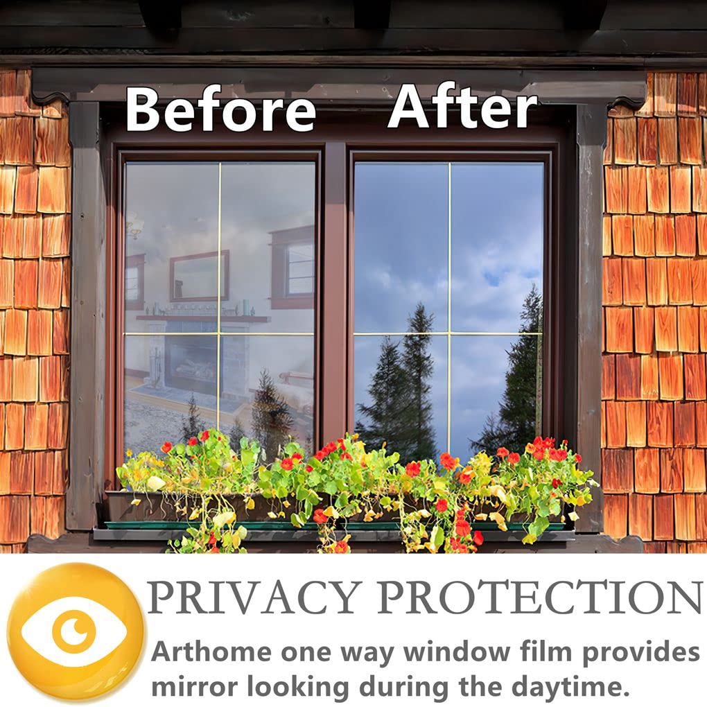 Arthome 17.5 Inch x 6.5 Feet,Silve, One Way Window Privacy Film Daytime Privacy Window Tint for Home Anti UV Static Cling Heat Control Reflective Glass Film for Home and Office - Medaid International
