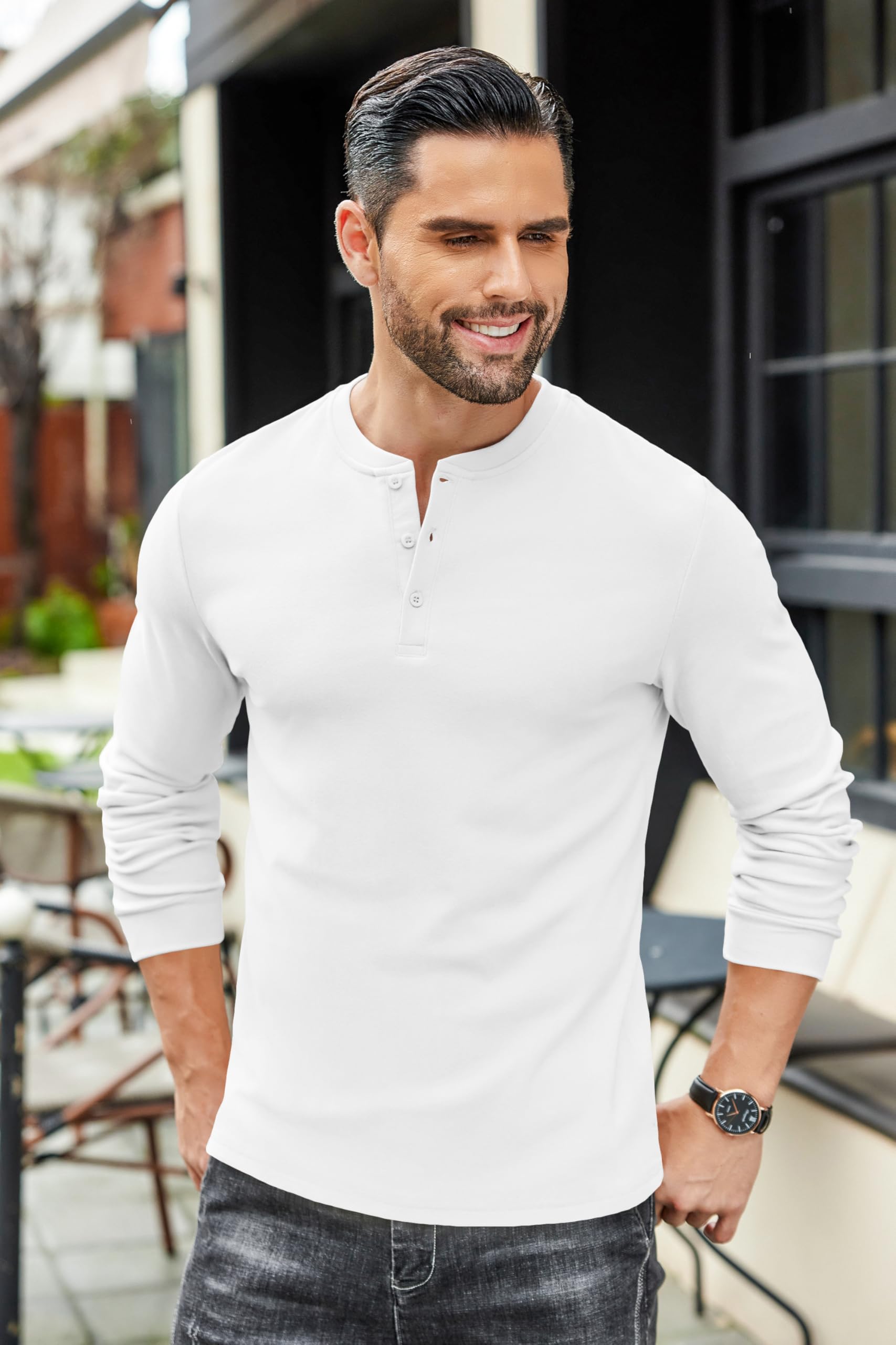 COOFANDY Men's Quarter Button T-Shirts Casual Long Sleeve Henleys Lightweight Pullover Basic Tees Fall Tops White - Medaid International