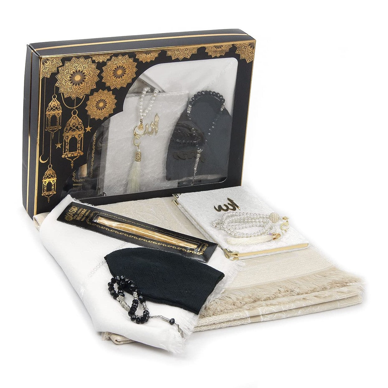 ihvan online Prayer Gift Box for Hajj and Umrah, Muslim Prayer Rug, Islamic Mat, 99 & 33 Pearly Beads Tesbih, Yaseen Book, Miswak, Hijab, Islamic Deluxe Set for Ramadan & Eid Gift, White/Set 1 - Medaid International