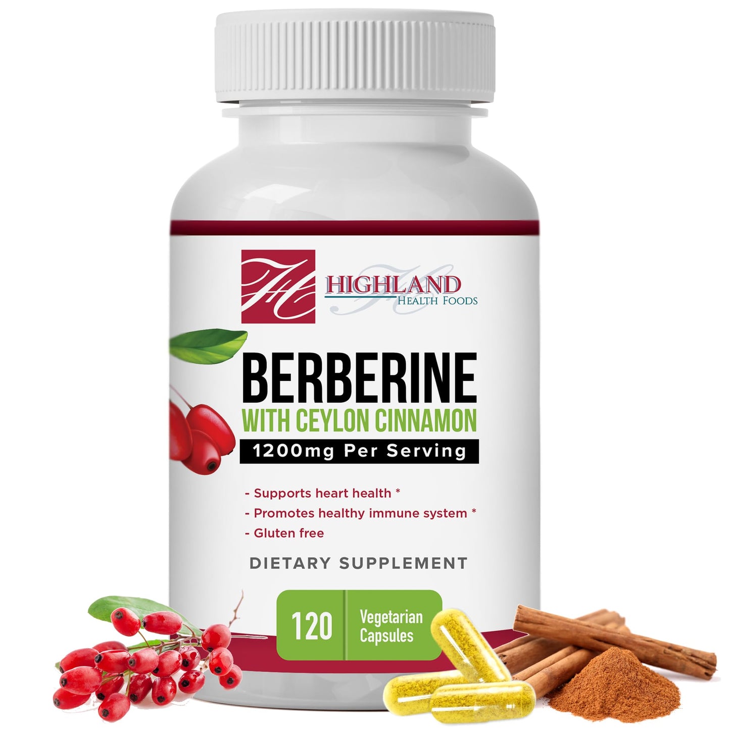 Highland Health Foods Berberine with Ceylon Cinnamon 1200 mg - Berberine HCL and Cinnamon for Blood Sugar and Metabolic Support - Non-GMO - Natural Support for Healthy Lifestyle - 120 Veg Capsules - Medaid International