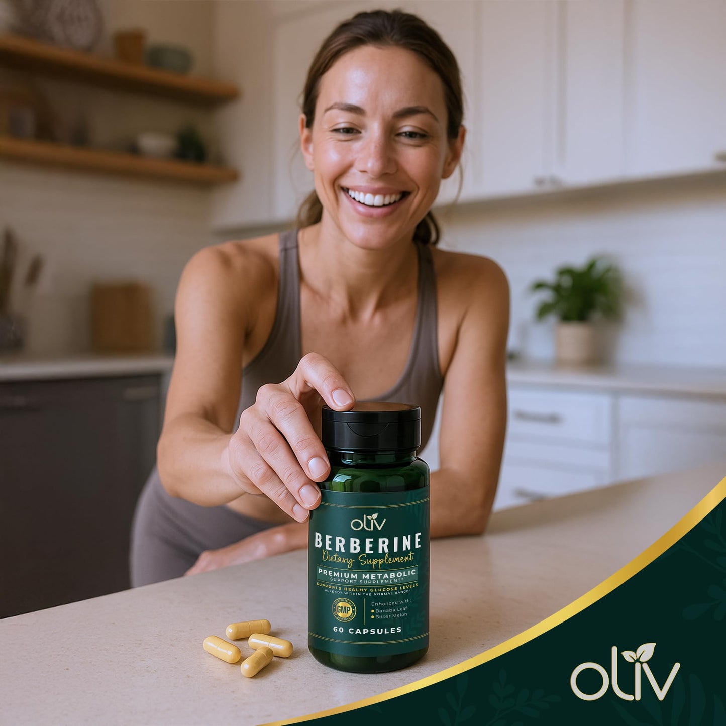 oliv Pure Berberine Supplement Capsules – Berberine HCI 1000mg - Natural Metabolic Support with 200mg Bitter Melon Fruit Extract and 50mg Banaba Leaf – 2 Veggie Capsules Daily (30 Servings) - Medaid International