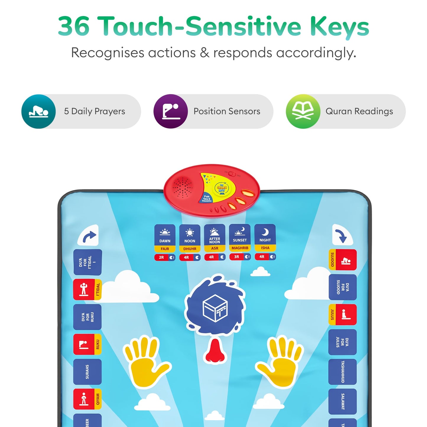 My Salah Mat for Kids - Interactive Muslim Prayer Rug for Kids Learning The Salah - Fun & Easy Prayer Mat with 36 Touch Keys, 15 Languages, Speaker, & Booklets - Islamic Toys for Ages 3 to 8 - Medaid International