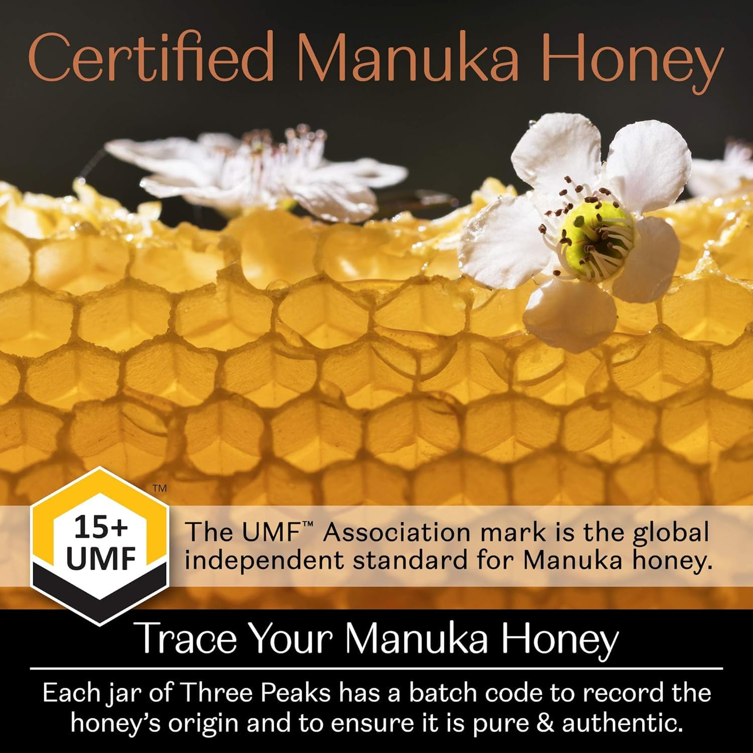 Three Peaks Manuka Honey New Zealand - Certified UMF 15+ - MGO 514+ - 8.8 oz (250g) - 100% Natural honey, Raw honey – Ultra Premium, Healing Manuka honey (Amber Jar) - Medaid International