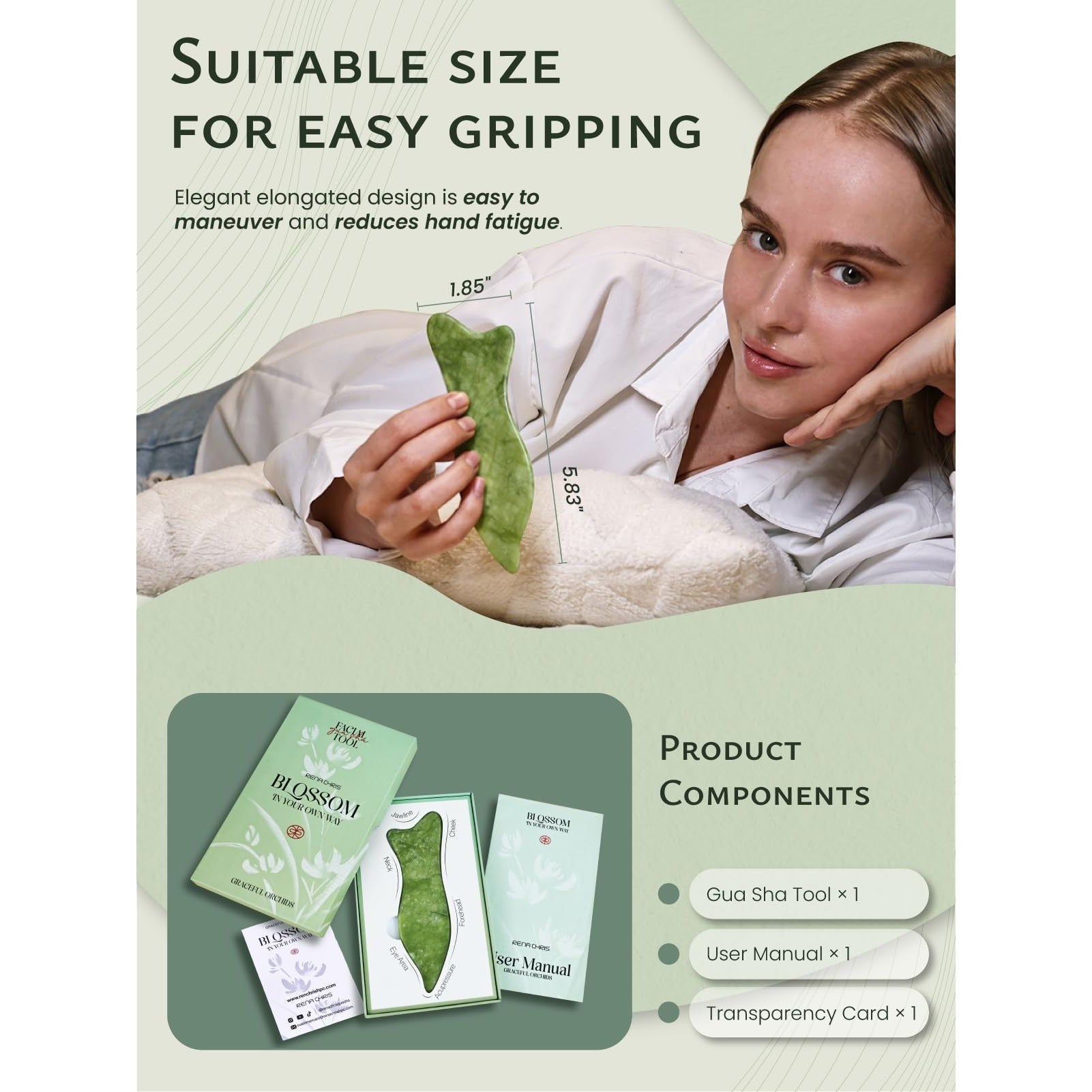 Rena Chris Natural Jade Gua Sha Facial Tools - Acupressure & Gua Sha for Face Massage, Jawline Sculpting, Puffiness Reduction, Skin Care Tool (Green) - Medaid International