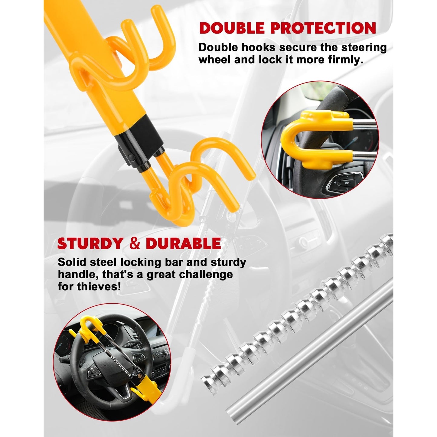 Tevlaphee Steering Wheel Lock - Heavy Duty Antitheft Device and Car Security Lock with Adjustable Locking and 3 Keys - Great Vehicle and Truck Deterrent (Yellow) - Medaid International