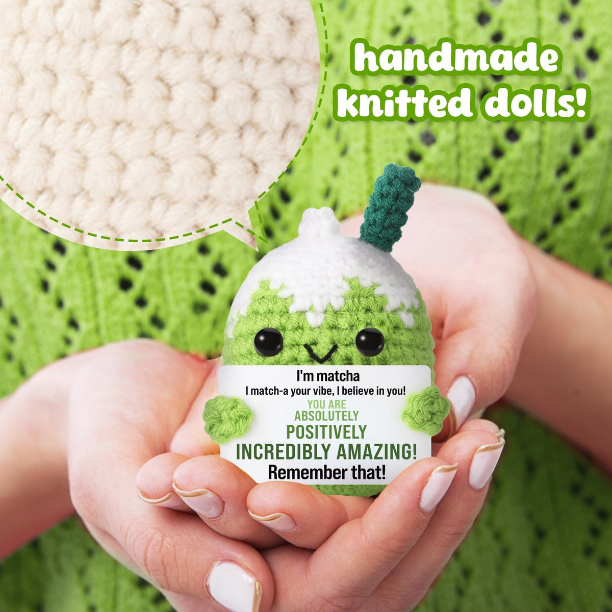 KASTWAVE Crochet Matcha Buddy Doll, with Positive Vibes Card, Handmade Emotional Support Crochet Inspirational Gifts, Inspirational Birthday Gift for Girlfriend Gifts, Coworker, Employee, Boss Gift