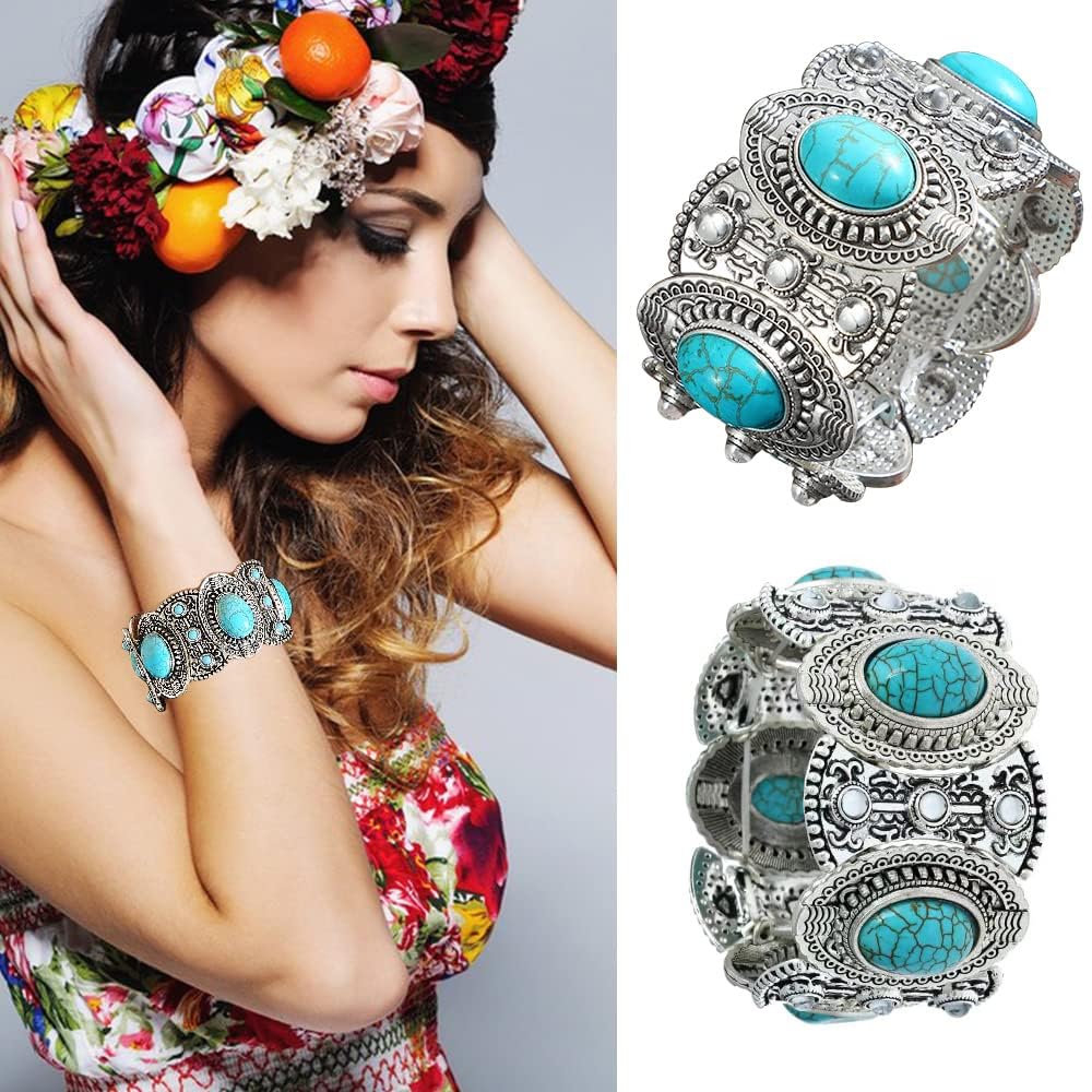 TERRIFI 3-Piece Bohemian Set: Turquoise Pendant Necklace, Vintage Dangle Earrings, Stretchable Bracelet