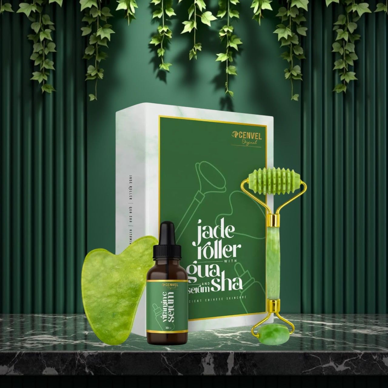 100% Real Crystal Jade Stone Roller and Gua Sha Set with Vitamin C Serum | Great for Eye Puffiness Treatment, Skin Tightening, Anti Aging, Rejuvenate Face & Neck | Great Gift for Women & Men (Green) - Medaid International