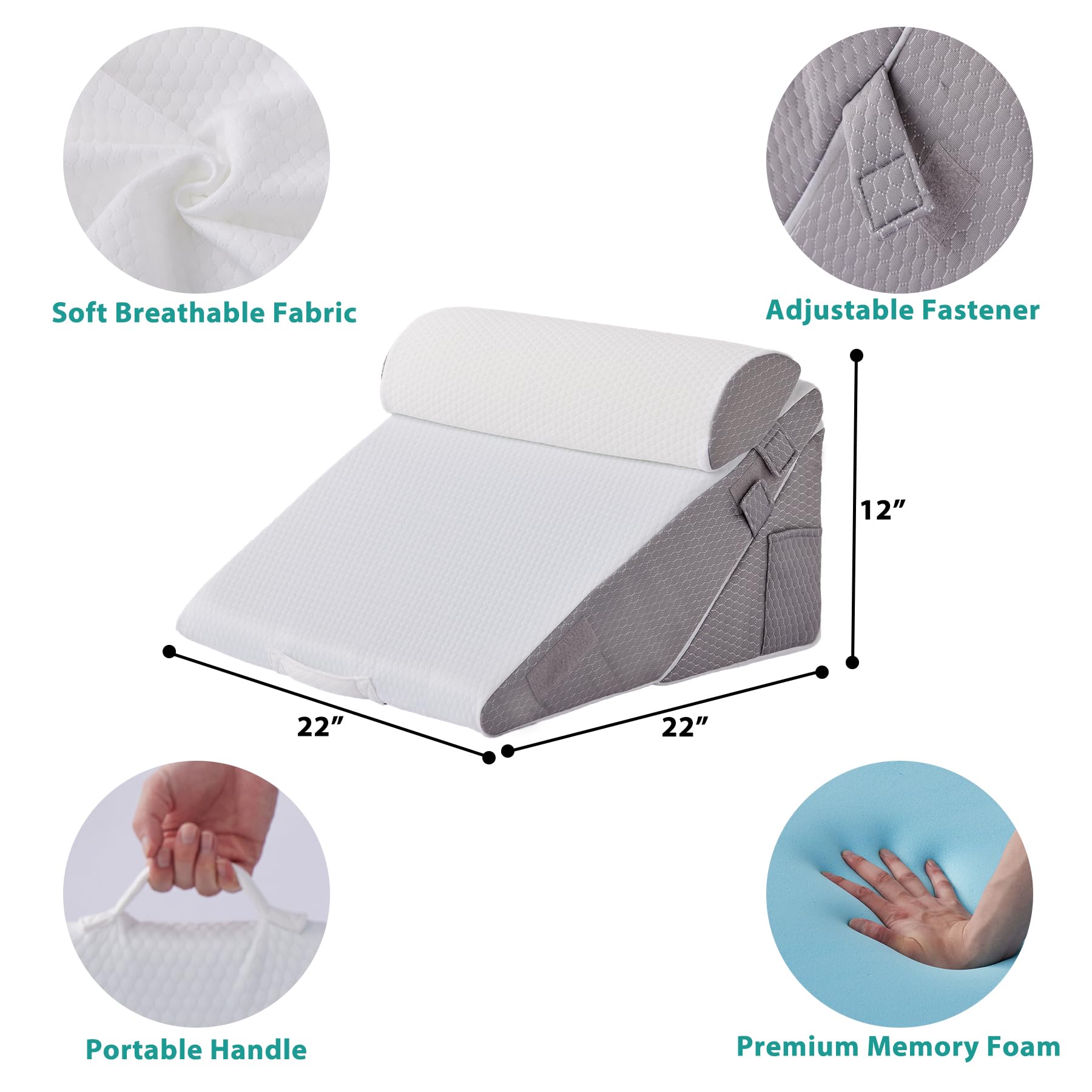 Bedluxe Wedge Pillow Headboard, 3PCS Orthopedic Bed Wedge Pillows Set for After Surgery, Adjustable Pillow Wedge for Acid Reflux&Back Pain Relief, Sleeping, Back Pillow for Bed Sitting Up, White/Grey - Medaid International