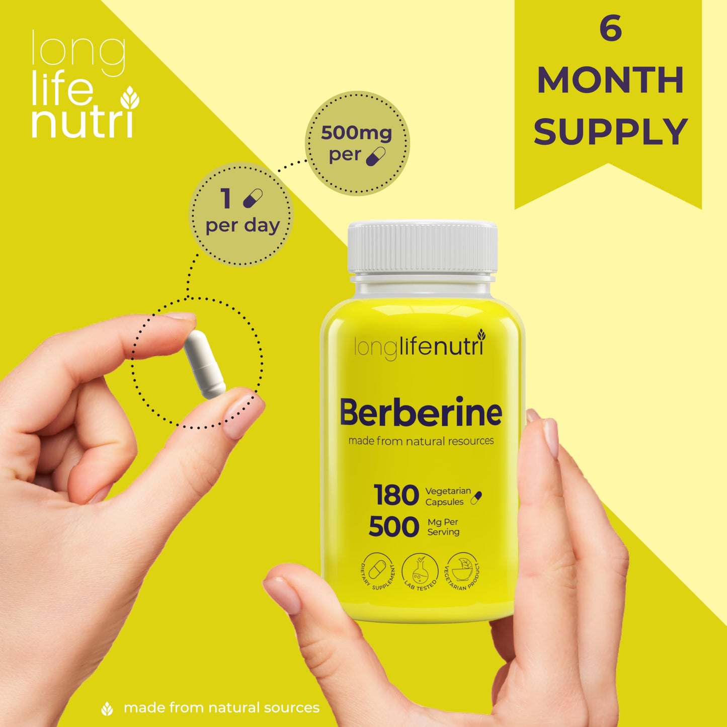 Berberine 500mg HCL Extract – from Berberis Aristata Vulgaris, 180 Vegetarian Capsules, Digestive Supplement for Overall Well-Being, 6-Month Supply, Non-GMO,1000mg per Serving, GMP Certified, USA Made - Medaid International