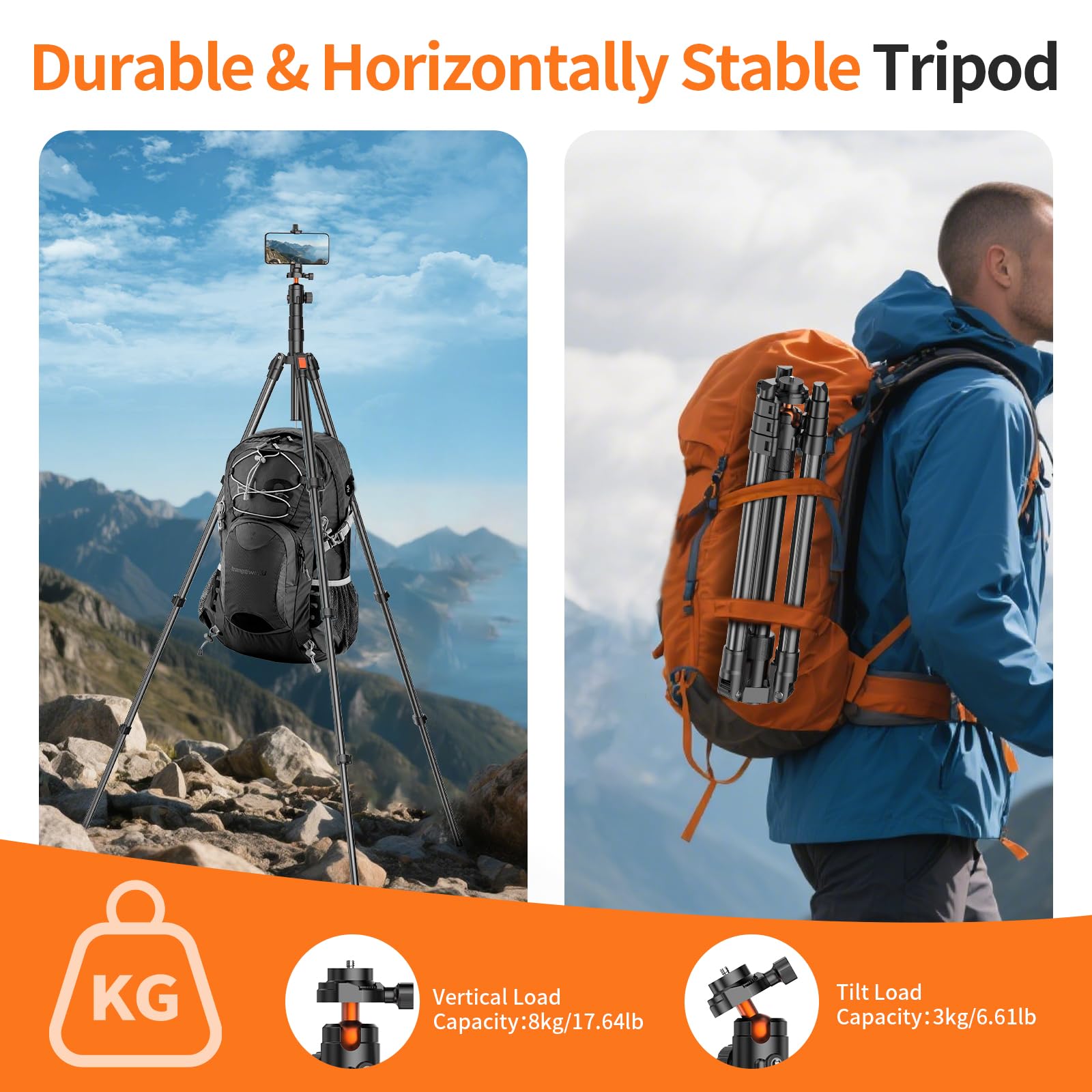 XXZU 71" Camera Tripod, Tripod for Camera Phone with 360°Ball Head and Smartphone Holder, Aluminum DSLR Tripod Stand, Travel for Phone/DSLR/SLR/Projector/Video Recording, Max Load 8kg/17.64lb - Medaid International