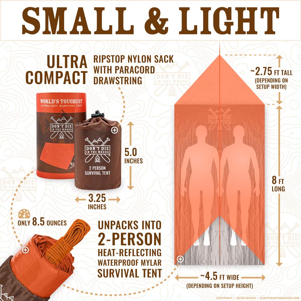 Don't Die In The Woods - Survival Tent - Made with Extra-Thick Space Blanket Thermal Mylar - Emergency Shelter Tube Tent - One of The 10 Essentials for Hiking, Camping, First Aid Kits (Orange)