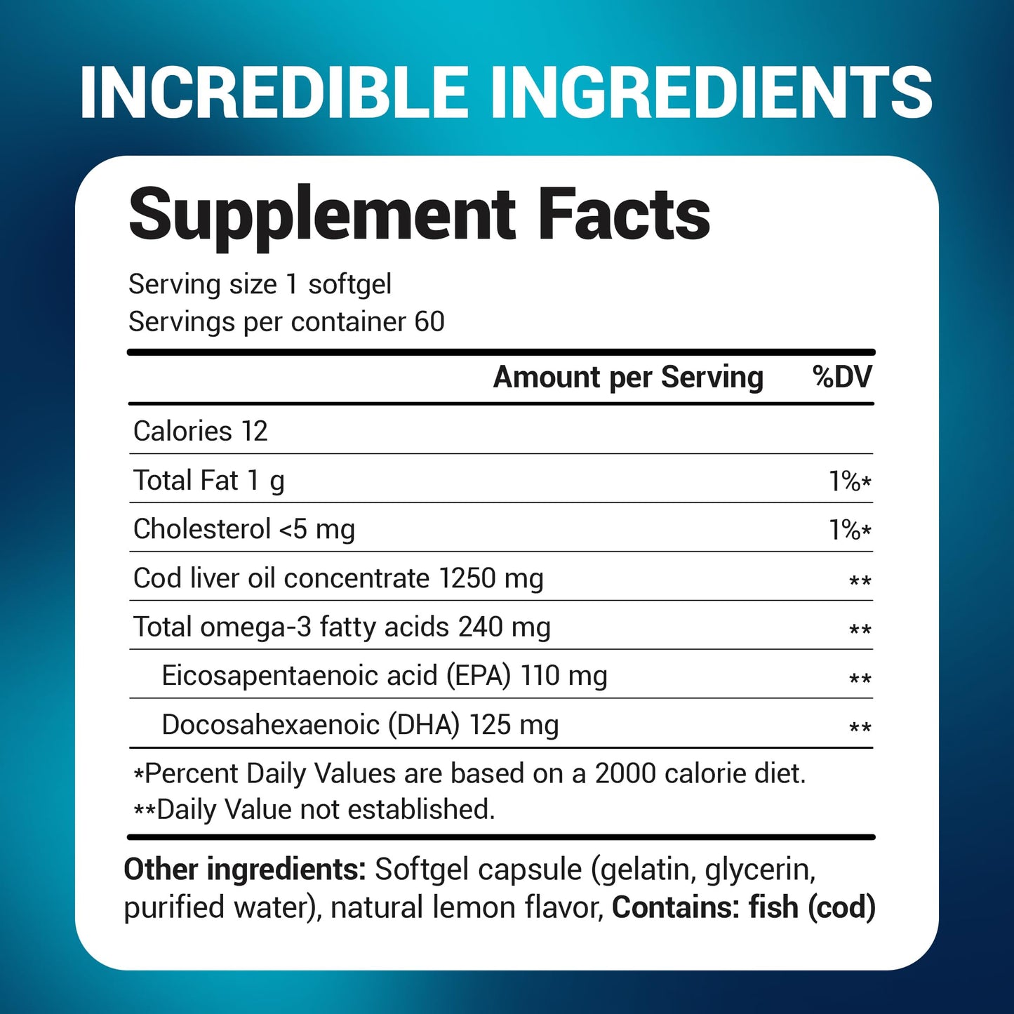 Dr. Berg Maximum Strength Omega-3 Cod Liver Fish Oil (1250 mg) from Wild-Caught Cod - Lemon-Flavored Omega-3 Fish Oil for Women & Men - EPA DHA Supplement – 60 Softgels - Medaid International