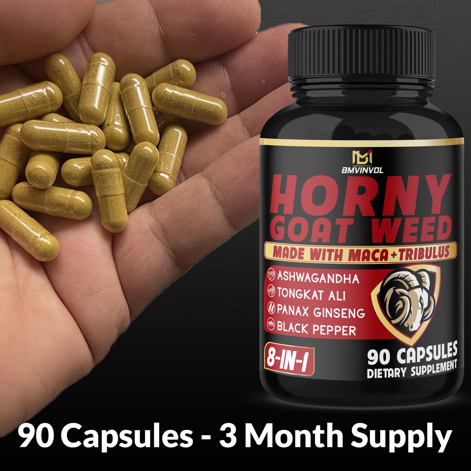 BMVINVOL Horny Goat Weed Capsules with Maca, Ginseng, Tribulus Terrestris, Ashwagandha, Black Pepper - 90 Count for 3 Month Supply - Medaid International