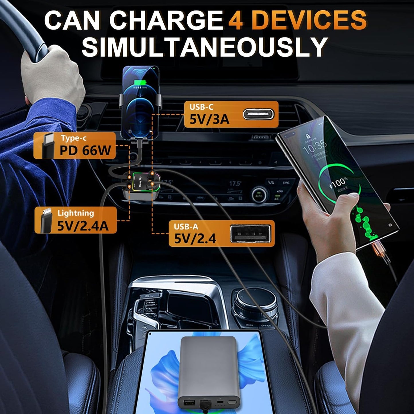 4-in-1 - Retractable Car Charger with Starry Light 120 Watt Fast Charger IOS and Android