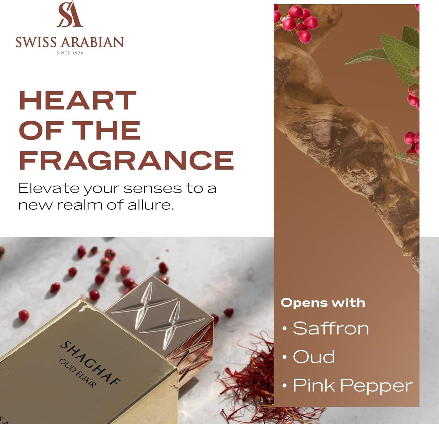 Swiss Arabian Shaghaf Oud Elixir Oud, Gourmand, Amber Fragrance - Notes of Saffron - Perfume for Women and Men - 2.5 oz EDP Spray - Medaid International