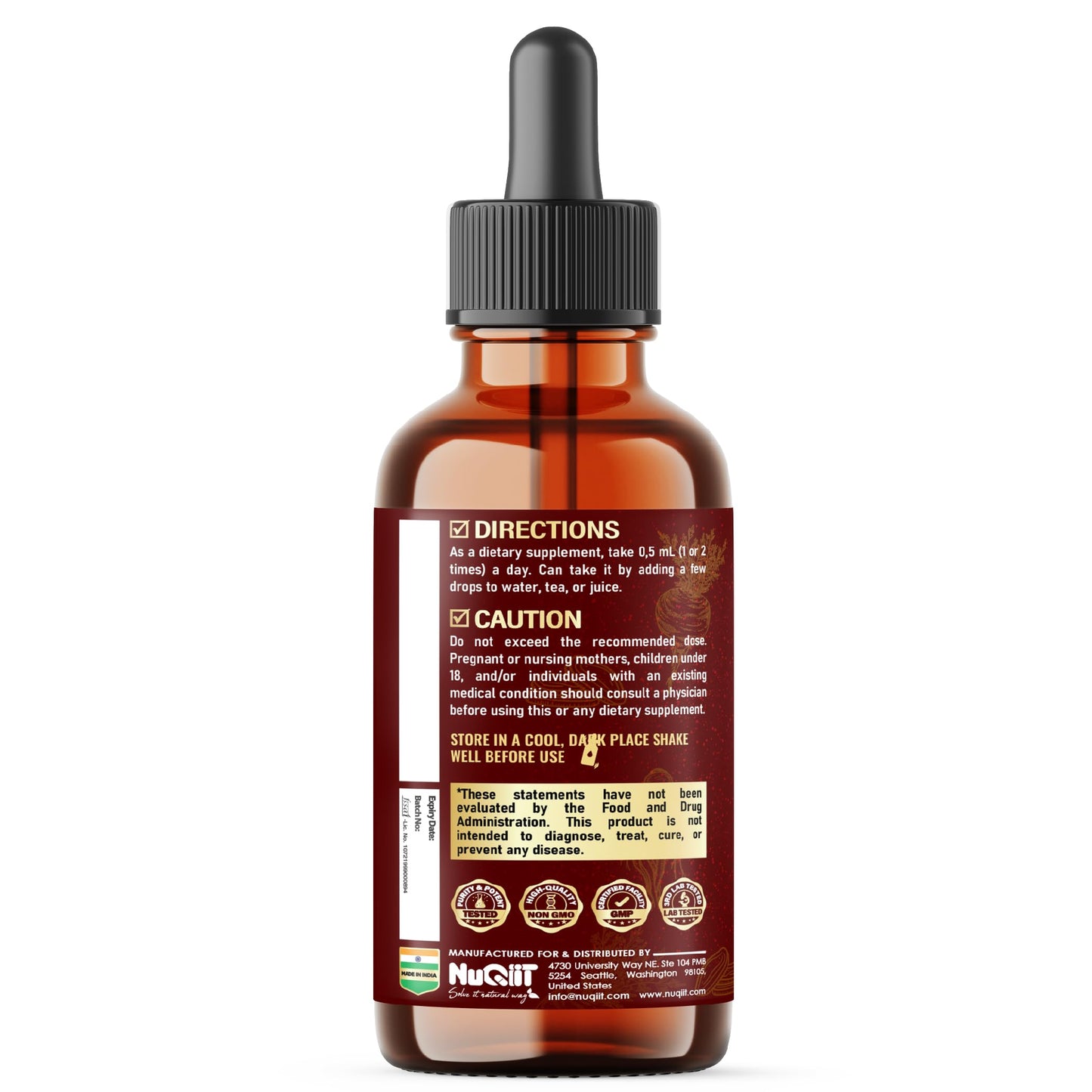 NUQIIT 10in1 Maca Root Liquid Drops with Ashwagandha, Fenugreek, Beet Root and L-Arginine Liquid for Women and Men - 1 FL Oz - 60 Day Supply - Medaid International
