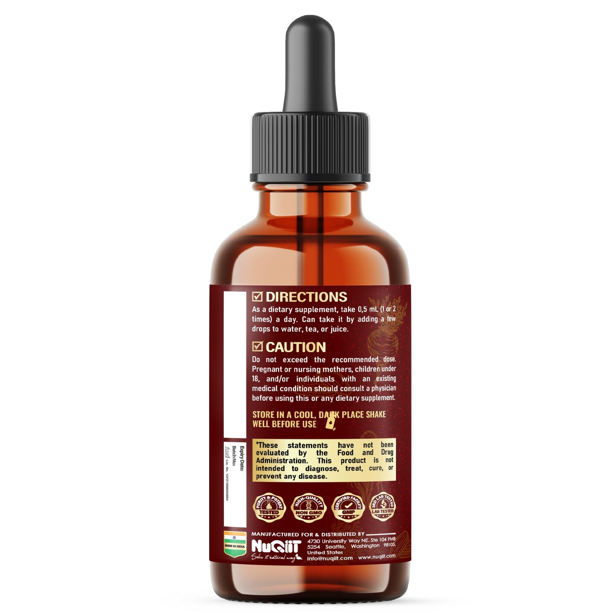 NUQIIT 10in1 Maca Root Liquid Drops with Ashwagandha, Fenugreek, Beet Root and L-Arginine Liquid for Women and Men - 1 FL Oz - 60 Day Supply - Medaid International