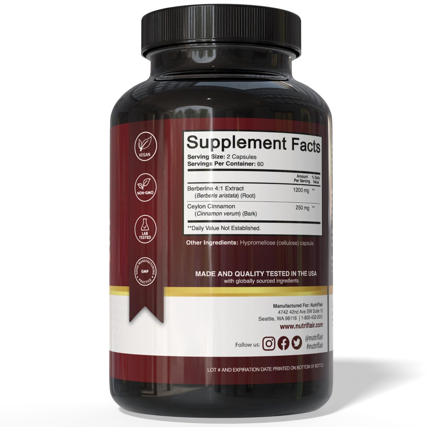 NutriFlair Berberine with Ceylon Cinnamon 1450mg Supplement – 120 Capsules | High Potency Formula with Berberine HCl & Organic Ceylon Cinnamon | Non-GMO, Vegan, Gluten-Free - Medaid International