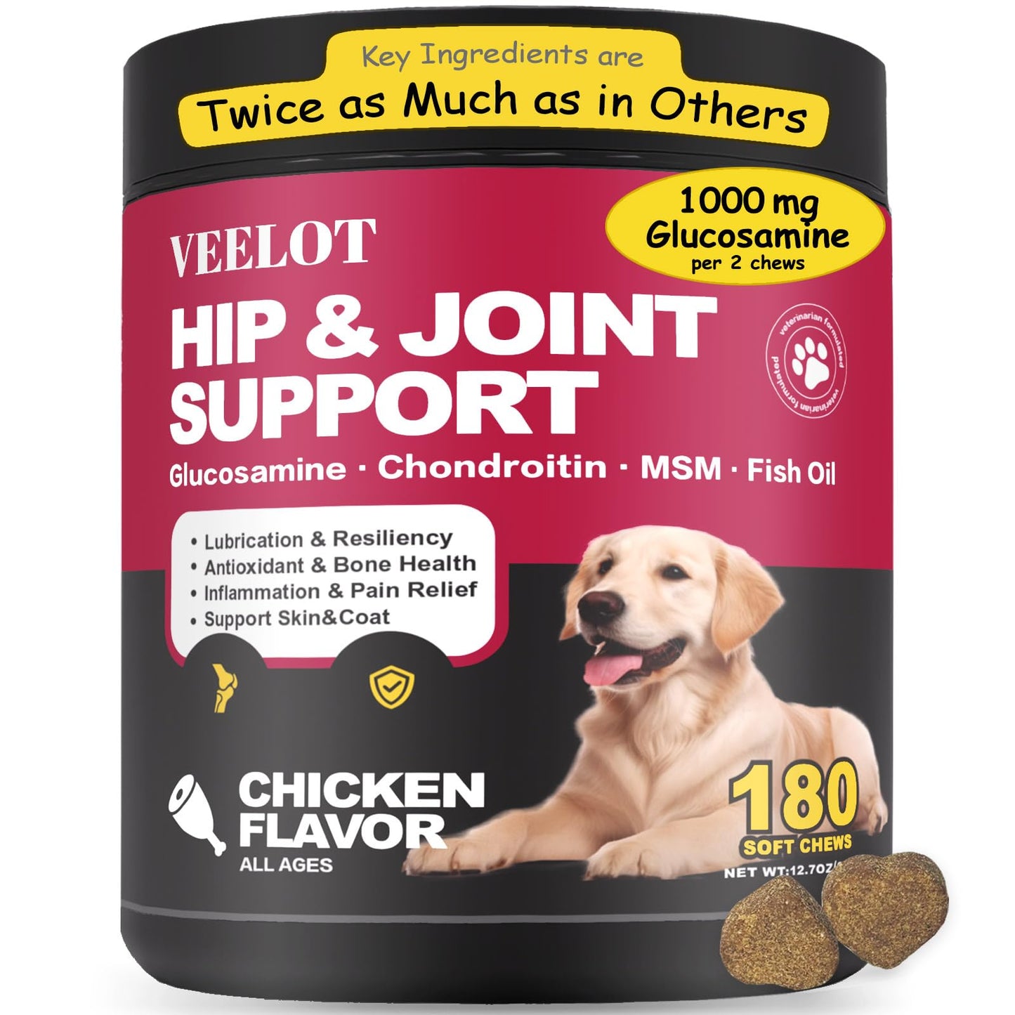 Advanced Dog Hip and Joint Supplement. 14 Active Ingredients, Glucosamine for Dogs Joint Health with Chondroitin, MSM, Turmeric, Omega 3. Joint Pain Relief Chews for Dogs of All Age Size Breed, 180pcs