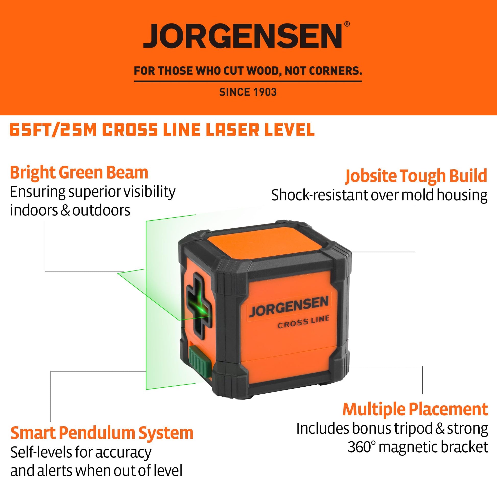JORGENSEN Laser Level with Tripod, 65 FT Self Leveling Cross Line Laser Leveler Tool with 360° Magnetic Base, Green Laser Level for Picture Hanging, Home Renovation, Indoor Project - Medaid International