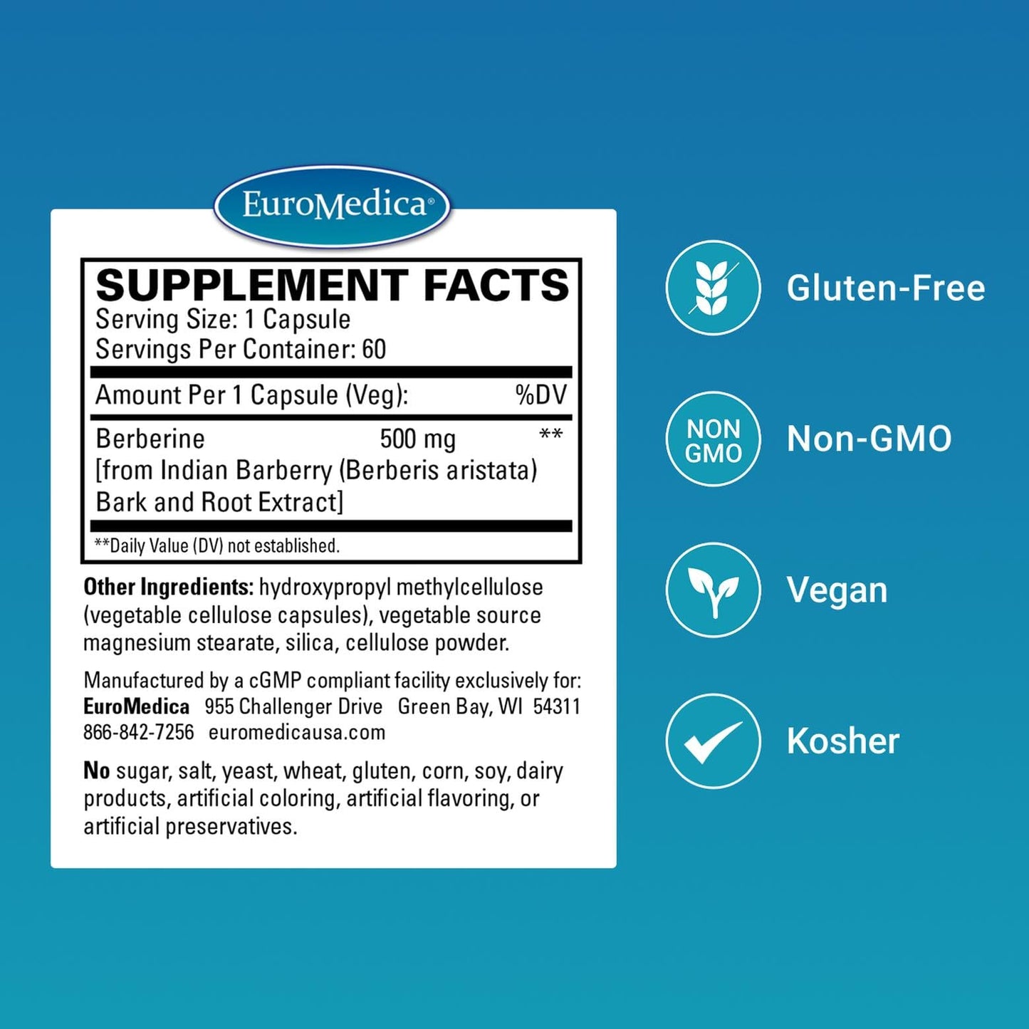 EuroMedica Berberine 500 mg - Brain & Liver Health Support Supplement - Dietary Supplement with Indian Barberry Root Extract - Vegan Capsules for Metabolic Health Support - 60 Capsules - Medaid International