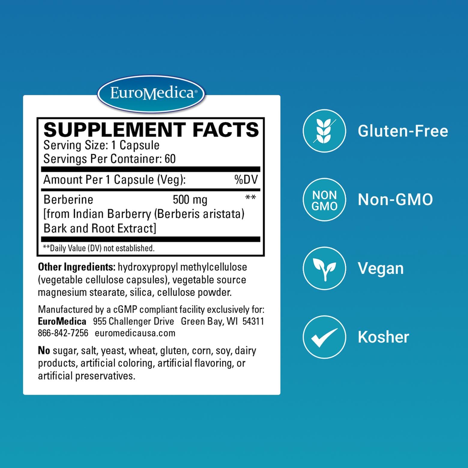 EuroMedica Berberine 500 mg - Brain & Liver Health Support Supplement - Dietary Supplement with Indian Barberry Root Extract - Vegan Capsules for Metabolic Health Support - 60 Capsules - Medaid International