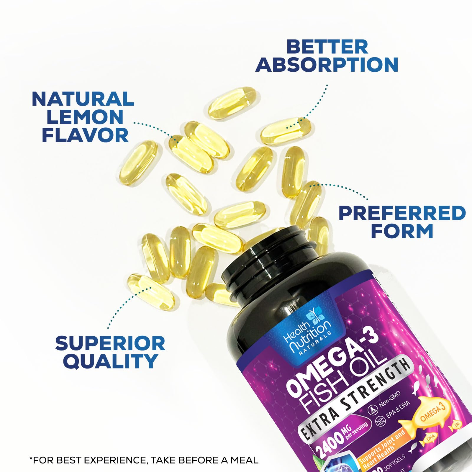 Omega 3 Fish Oil 2400 mg - Triple Strength Omega3, EPA & DHA Fatty Acids Supplement - Natural Support for Immune, Heart & Brain Health - Wild Caught, Non-GMO, Lemon Flavor, Burpless - 180 Softgels - Medaid International